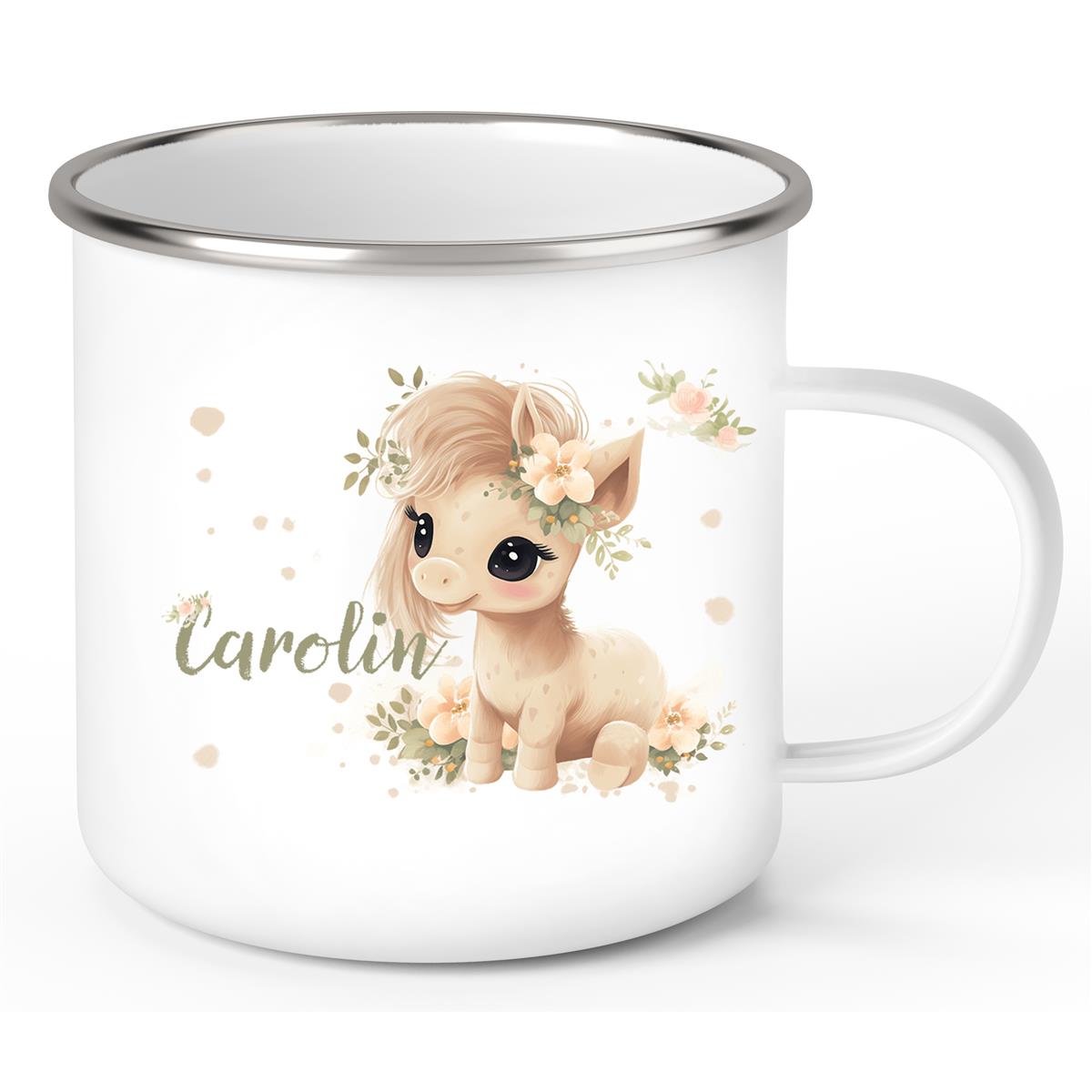 Tasse Pferd 5 Wunschname Emaille Kinderbecher personalisiert