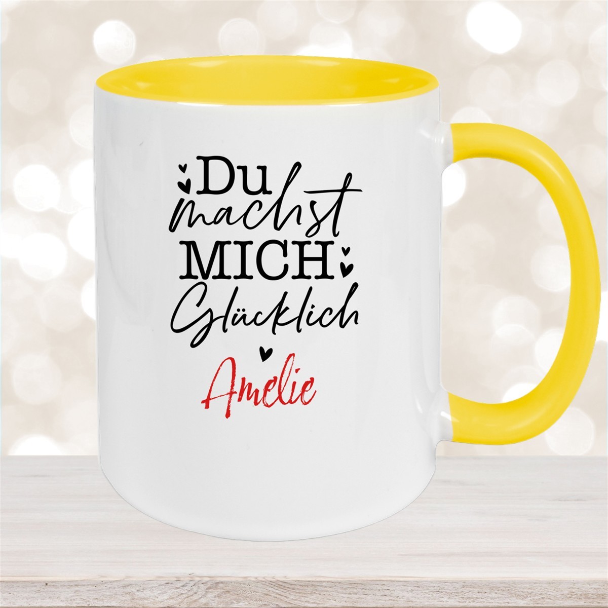 Tasse Liebe - Spruch "Du machst mich glücklich" Valentinstag Wunschnamen Keramik personalisiert versch. Farben Gelb