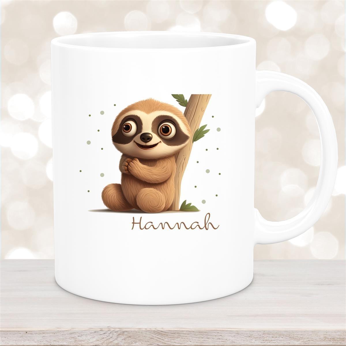 Tasse Wunschname Faultier-Baum Keramik Kinderbecher versch. Farben