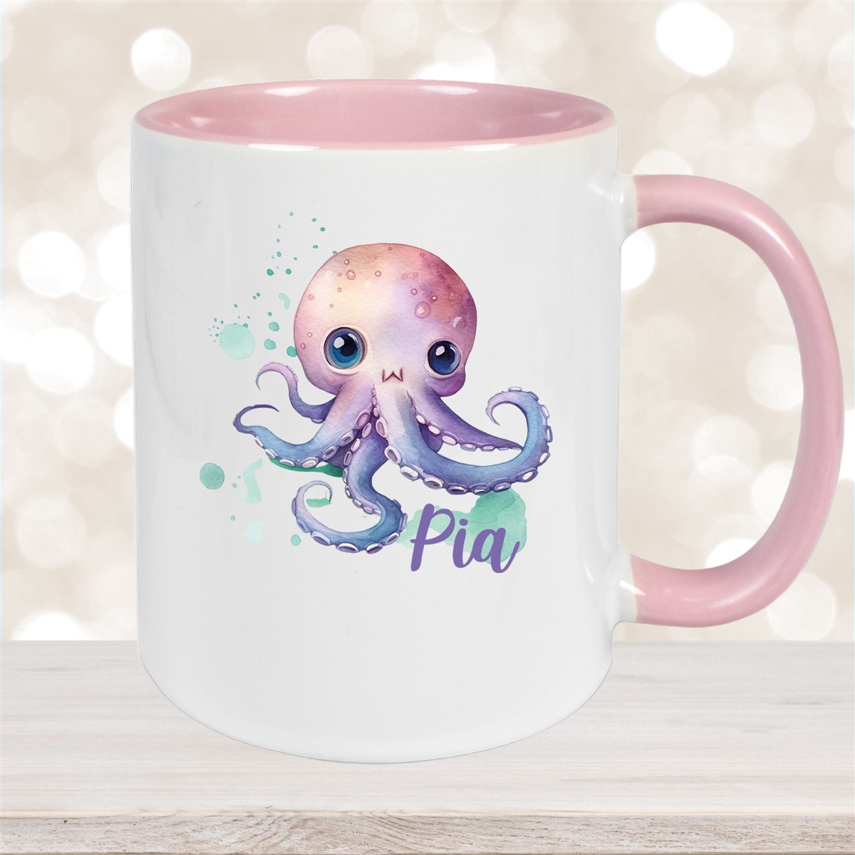 Tasse Wunschname Meerestiere-Oktopus #1 Keramik Kinderbecher Altrosa