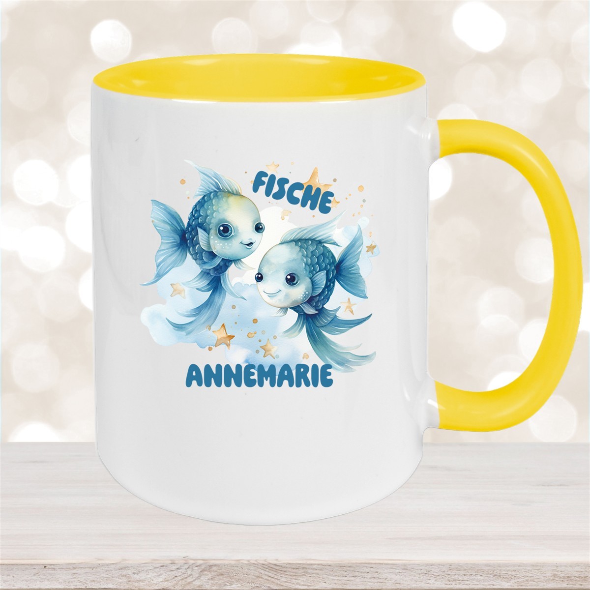 Tasse Sternzeichen Kinder Fische #1 Wunschname Keramik Kinderbecher personalisiert Gelb