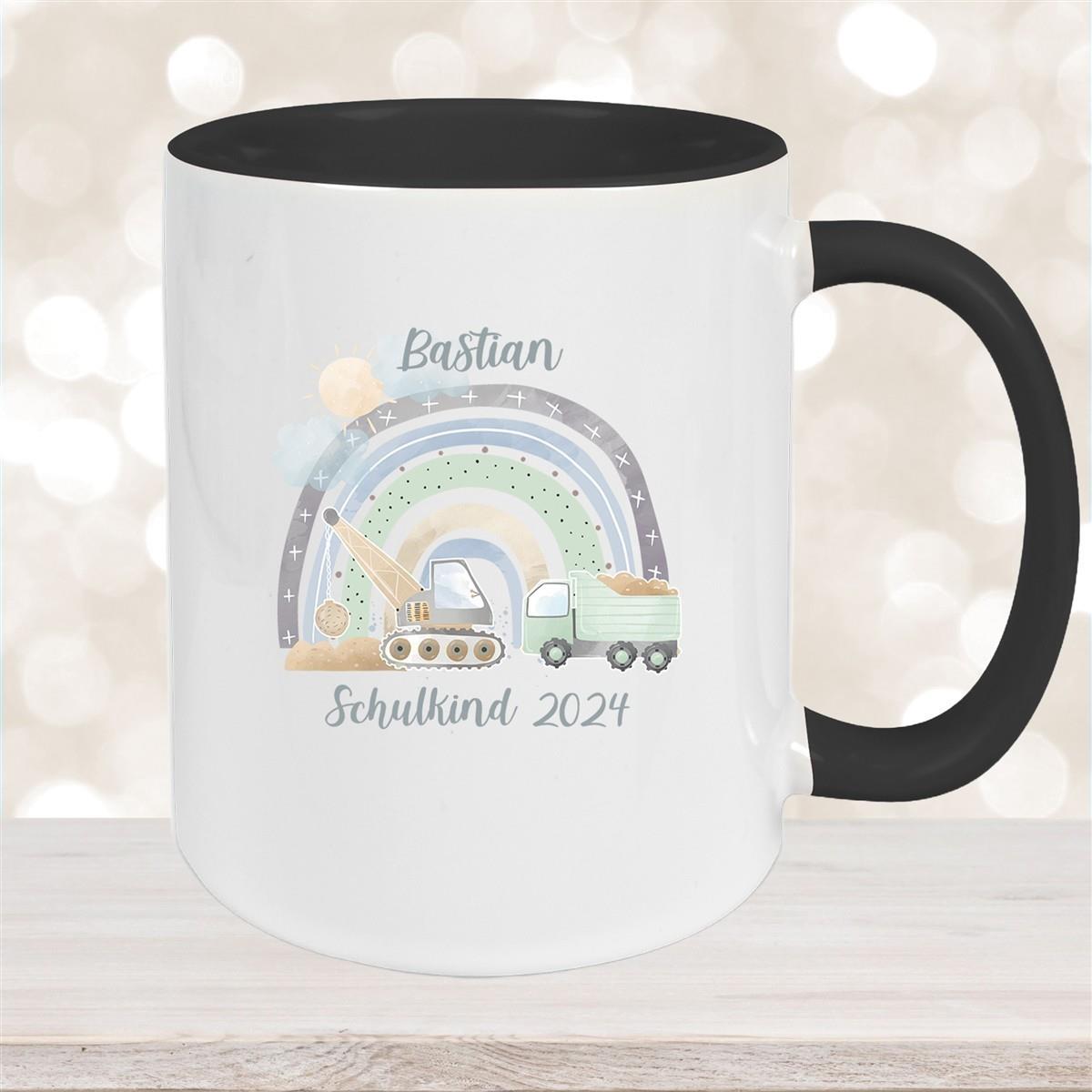 Tasse Schulkind 08 Wunschname Rainbow Baustelle Keramik Kinderbecher Personalisiert versch. Farben