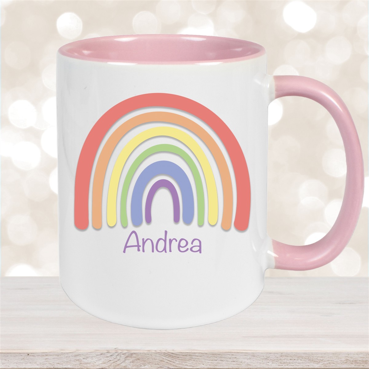 Tasse Wunschname Regenbogen #1 Keramik Kinderbecher Altrosa