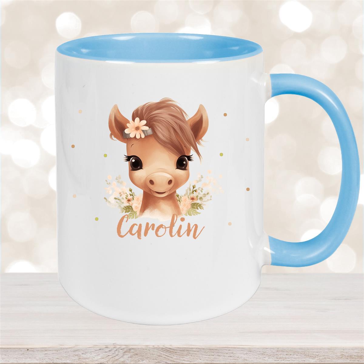 Tasse Pferd #6 Wunschname Keramik Kinderbecher personalisiert Hellblau