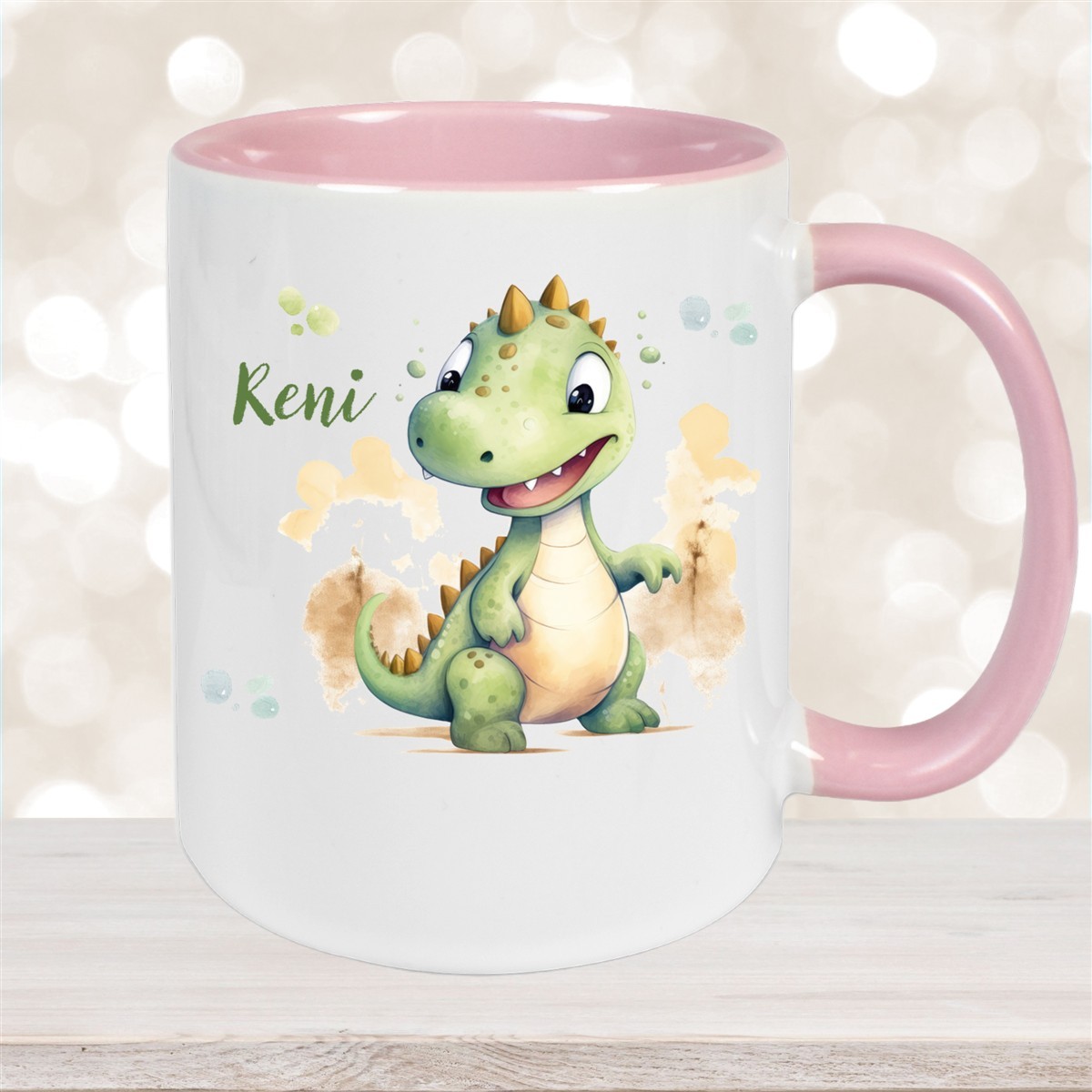 Tasse Wunschname Dino #3 Keramik Kinderbecher Altrosa