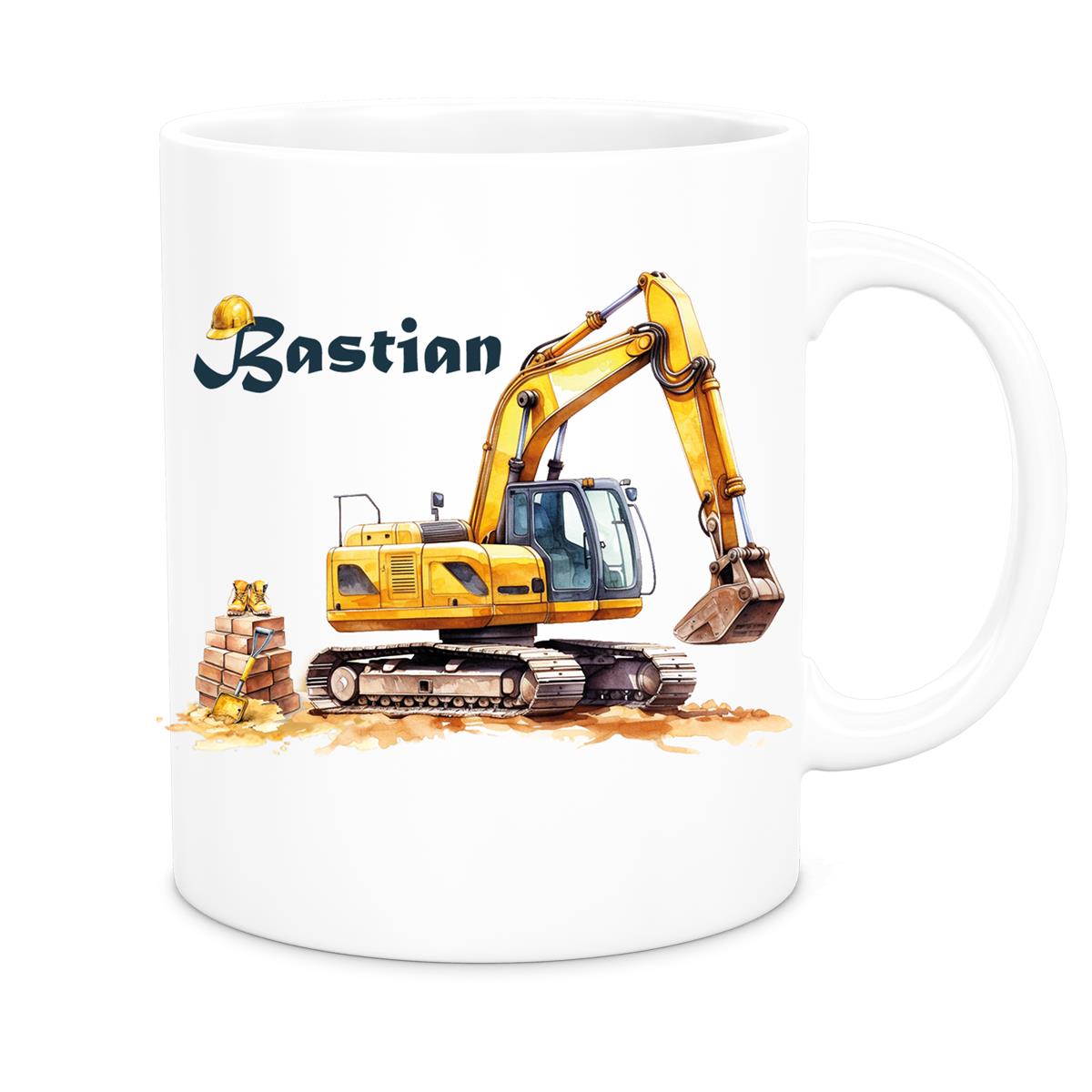 Tasse Wunschname Baustelle Bagger Keramik Kinderbecher versch. Farben