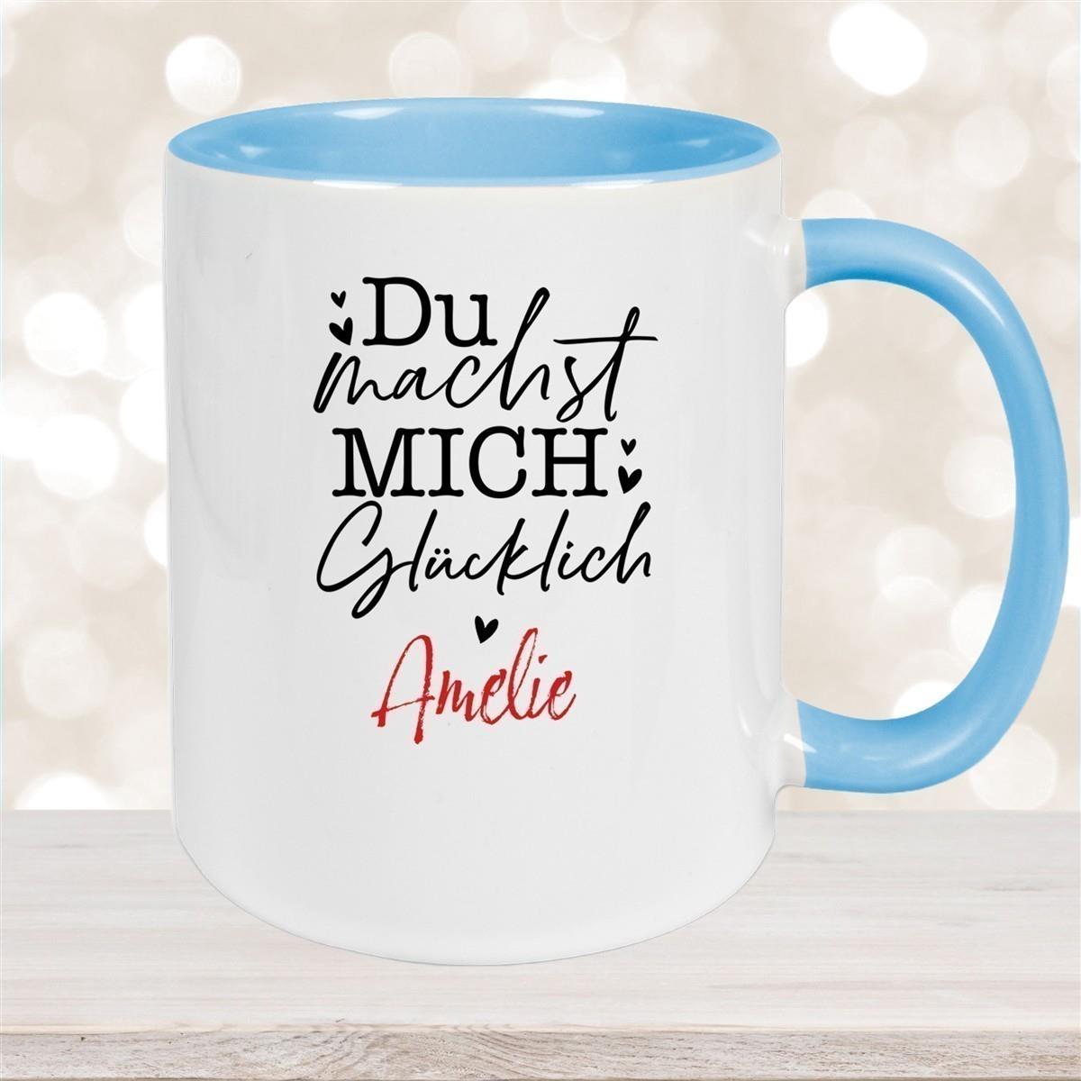 Tasse Liebe - Spruch "Du machst mich glücklich" Valentinstag Wunschnamen Keramik personalisiert versch. Farben