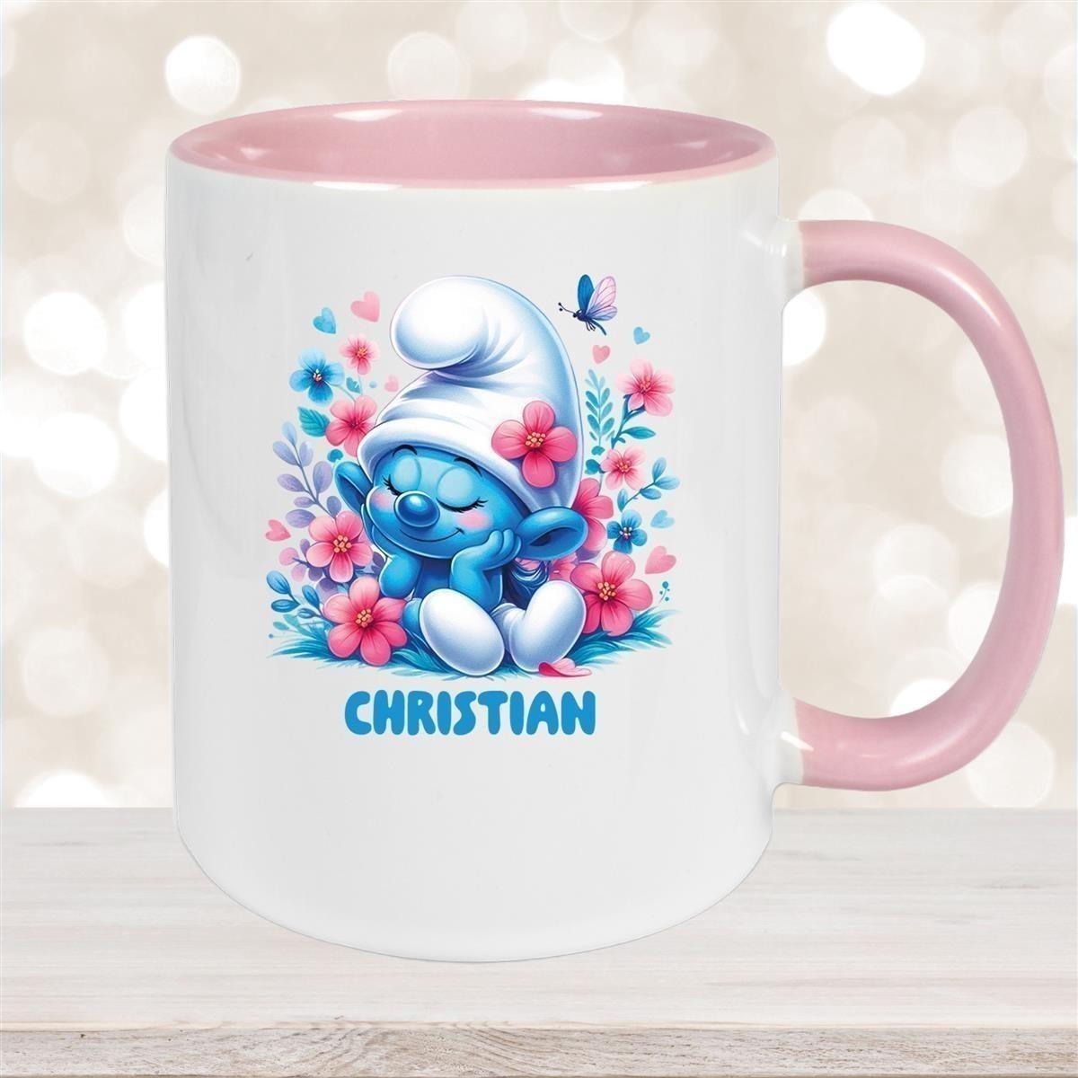 Tasse Kinder Schlumpf 1 mit Blumen Wunschname Keramik Kinderbecher personalisiert versch. Farben