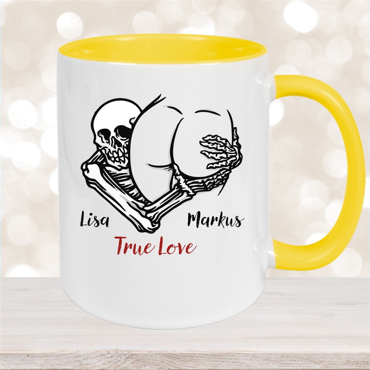 Tasse Totenkopf True Love Valentinstag #7 Wunschnamen Keramik personalisiert versch. Farben Gelb