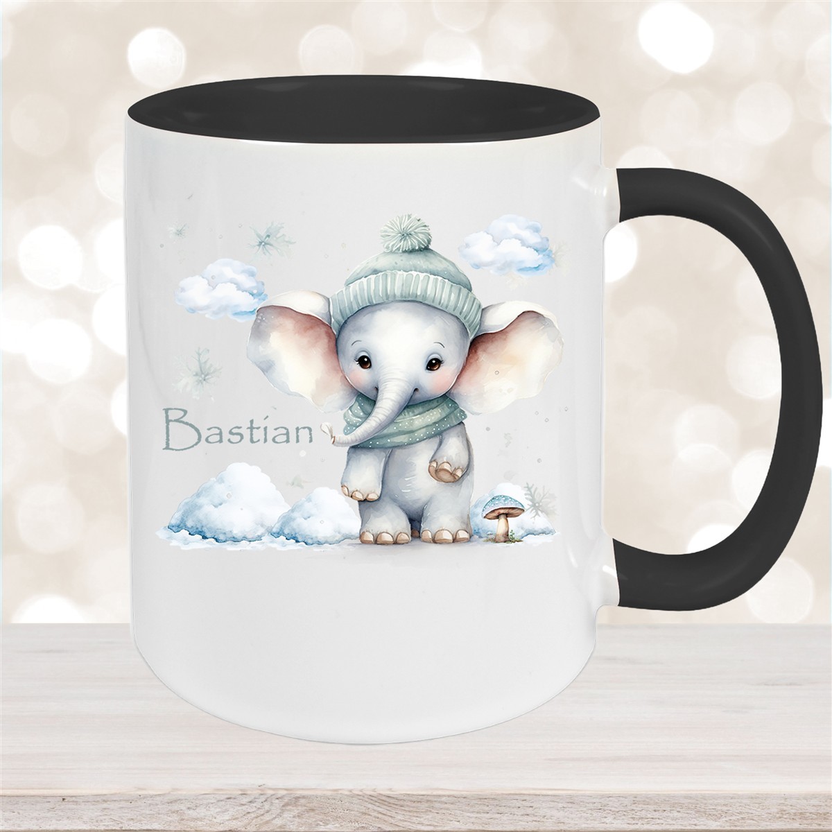 Tasse Wunschname Christmas Elefant #2 Keramik Kinderbecher Schwarz