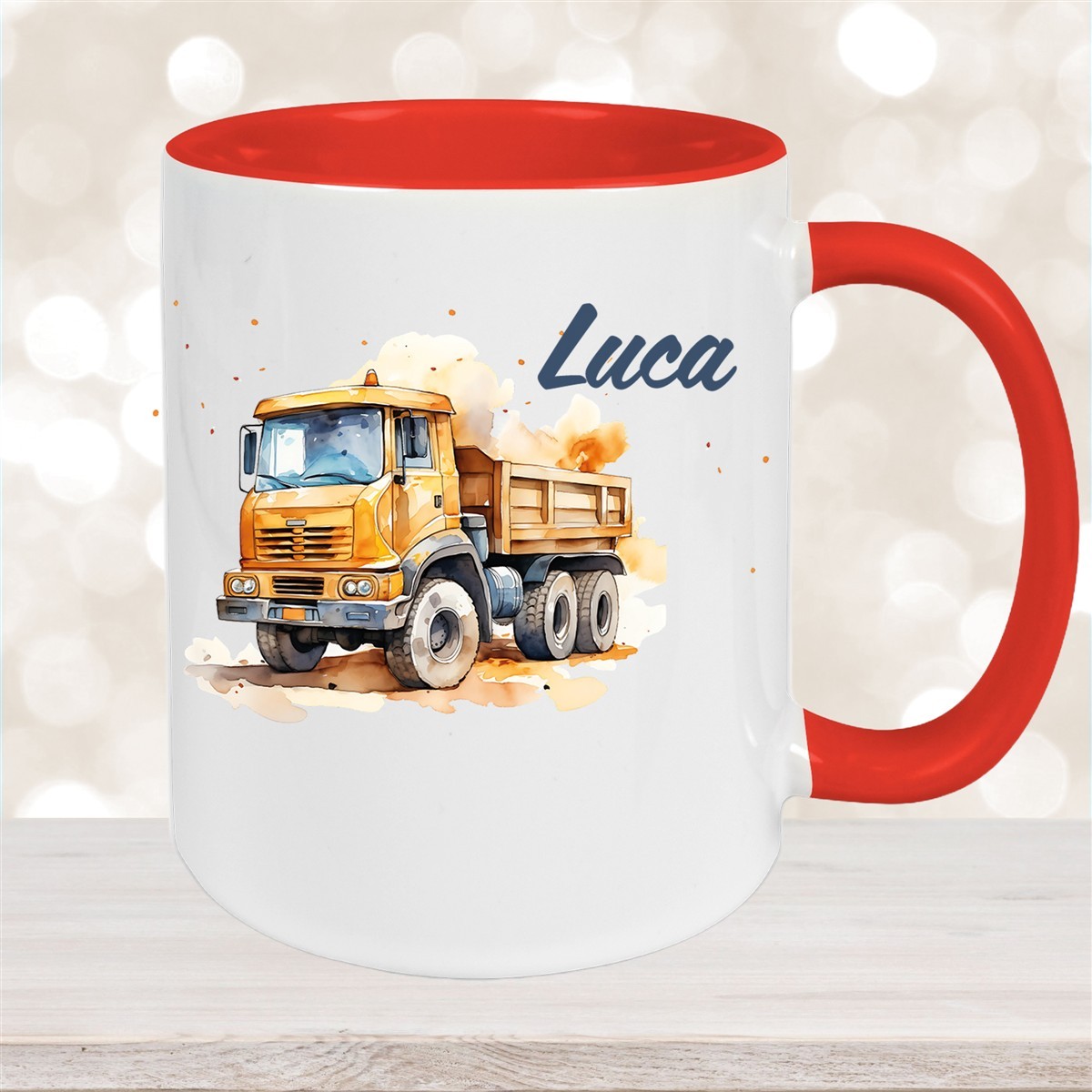 Tasse Wunschname Baustelle Kipper Keramik Kinderbecher Rot
