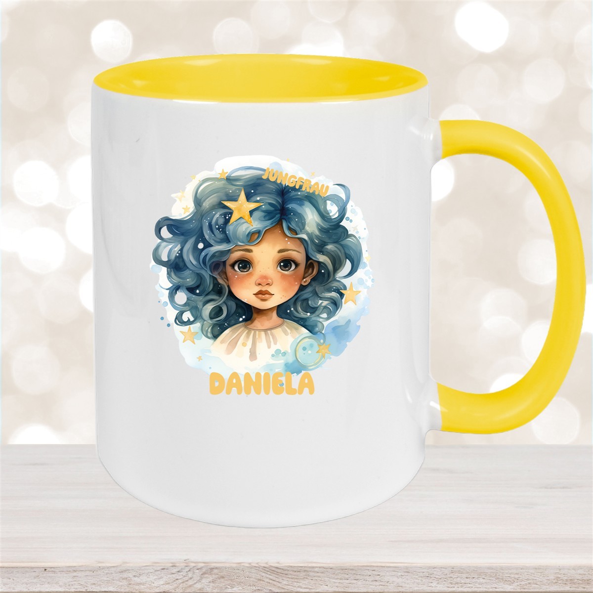 Tasse Sternzeichen Kinder Jungfrau #1 Wunschname Keramik Kinderbecher personalisiert Gelb