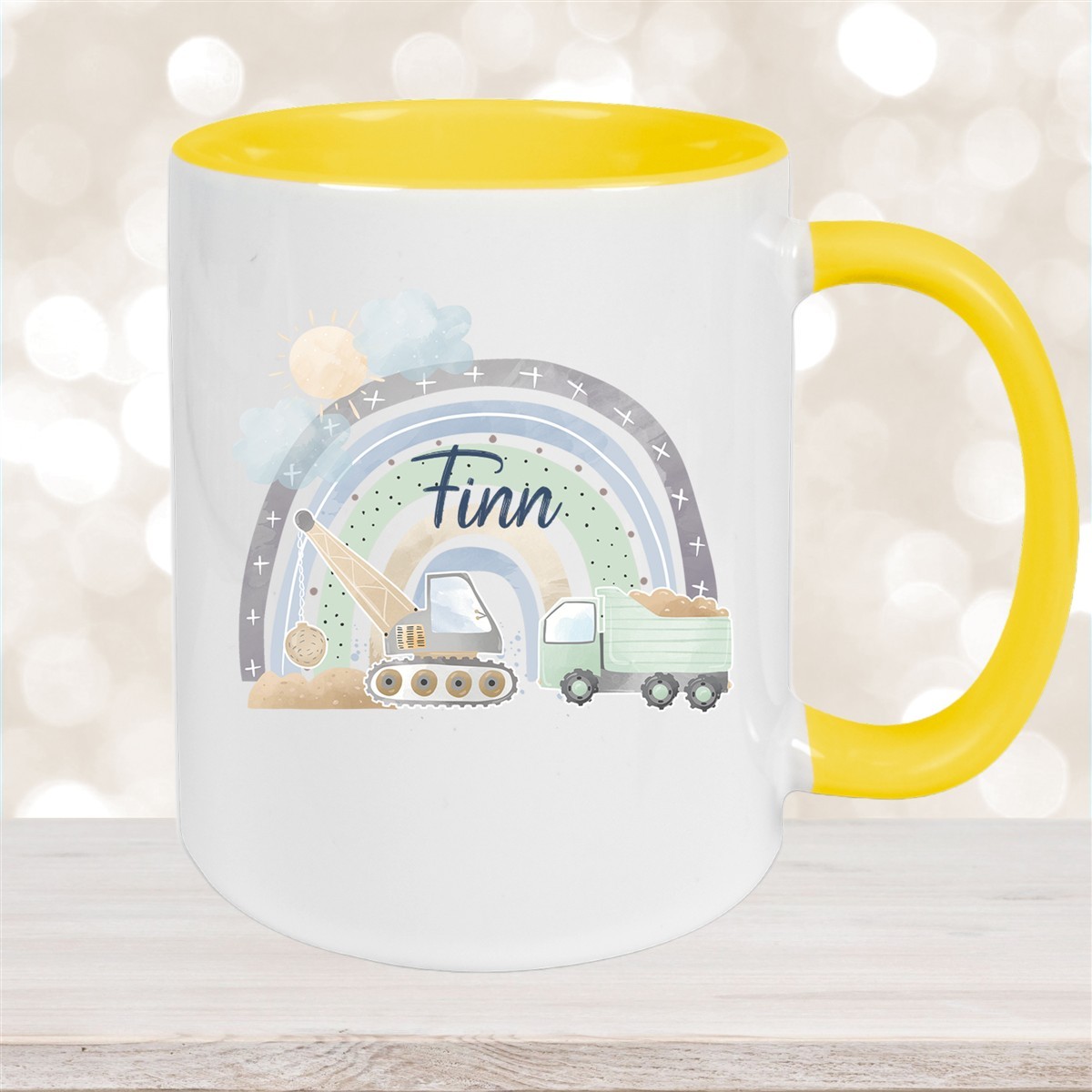 Tasse Wunschname Baustelle Regenbogen #1 Keramik Kinderbecher Gelb
