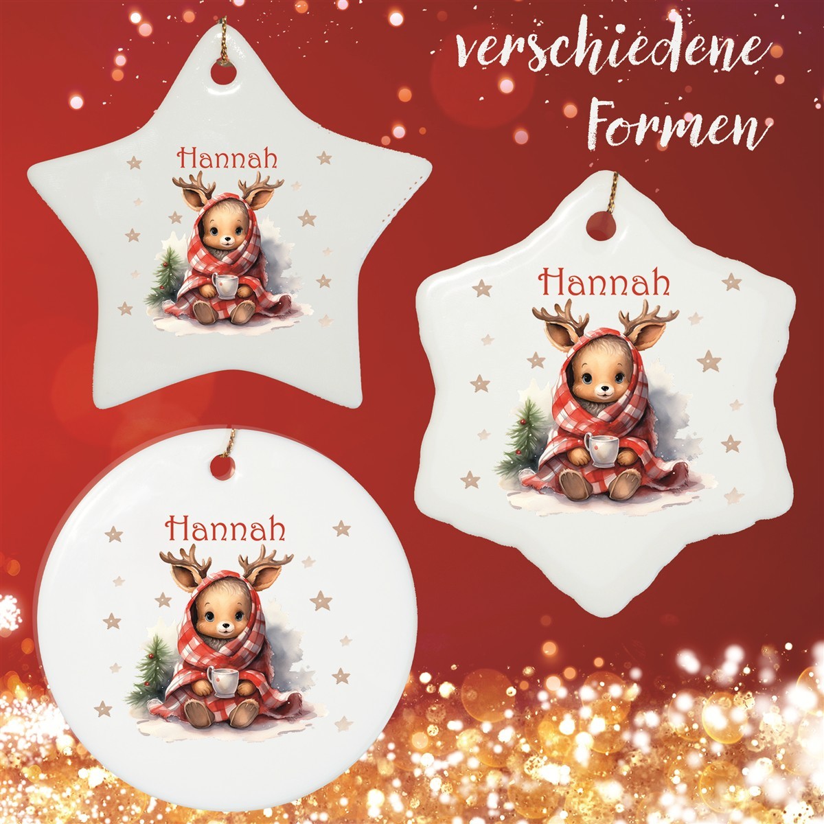 Christbaumanhänger Weihnachten Reh Sterne #1 Ornament Christbaumschmuck Rund