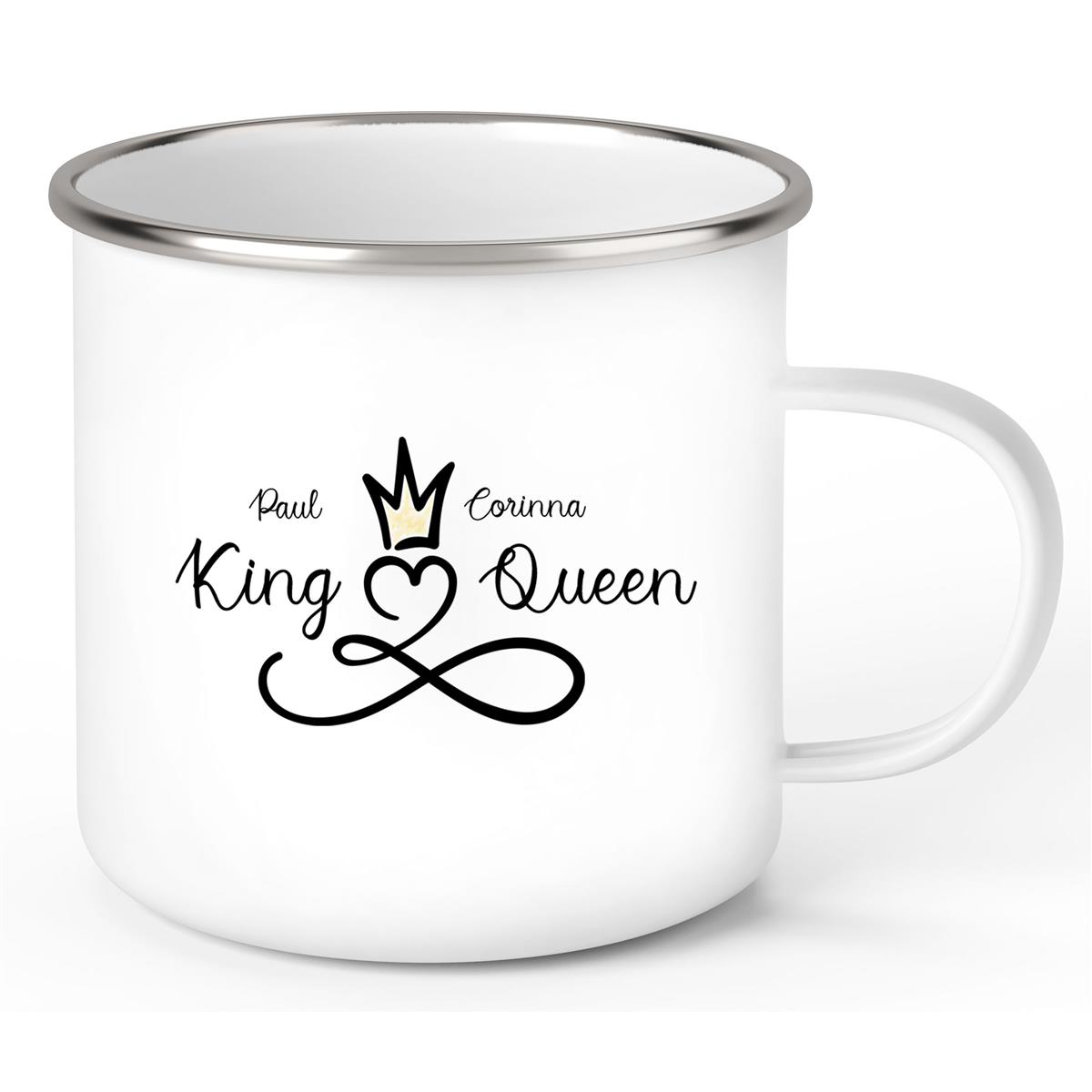 Tasse Liebe - Spruch "King & Queen" Valentinstag Wunschnamen Emaille personalisiert