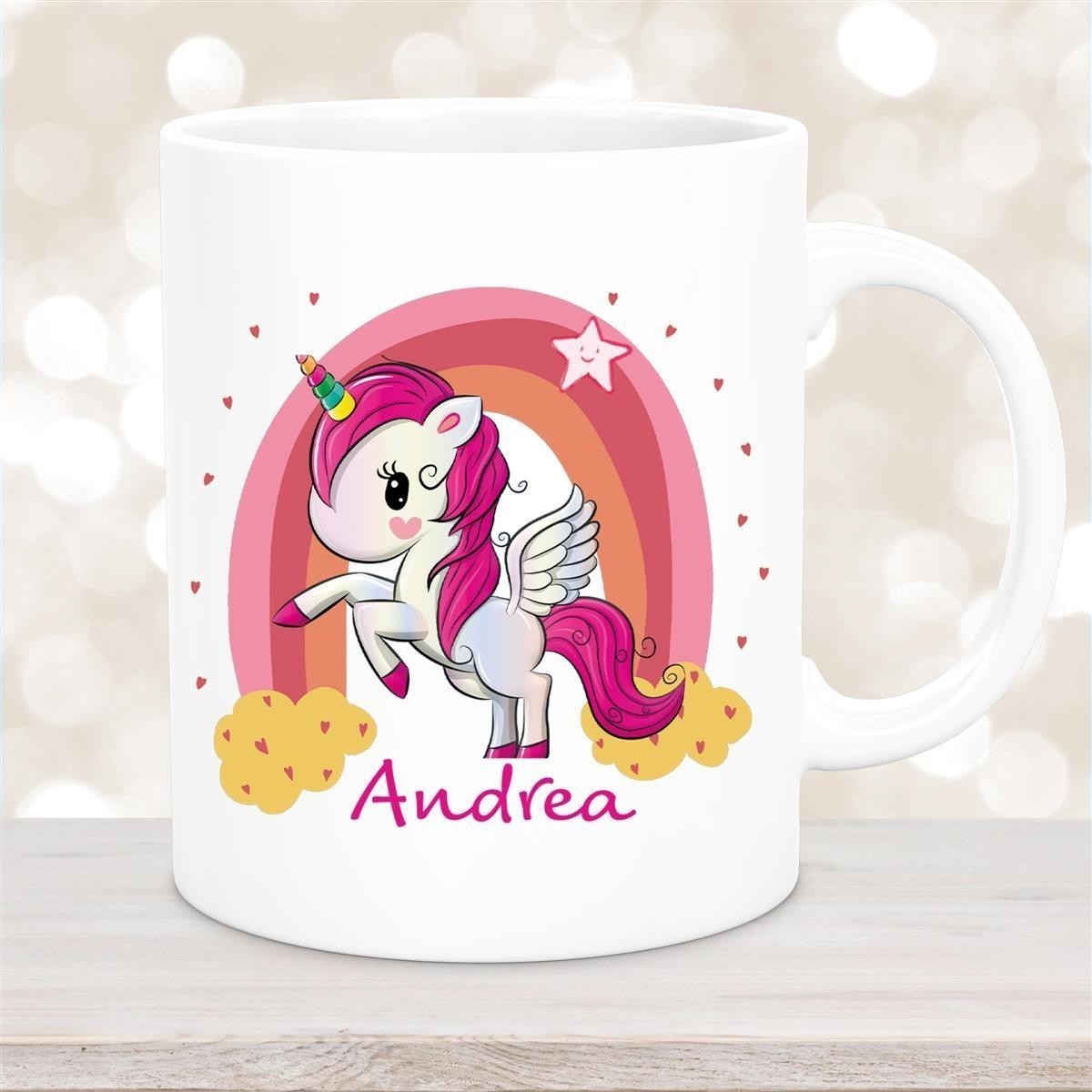 Tasse Wunschname Regenbogen-Einhorn Keramik Kinderbecher personalisiert Weiß Tasse Wunschname Regenbogen-Einhorn Keramik Kinderbecher personalisiert Weiß