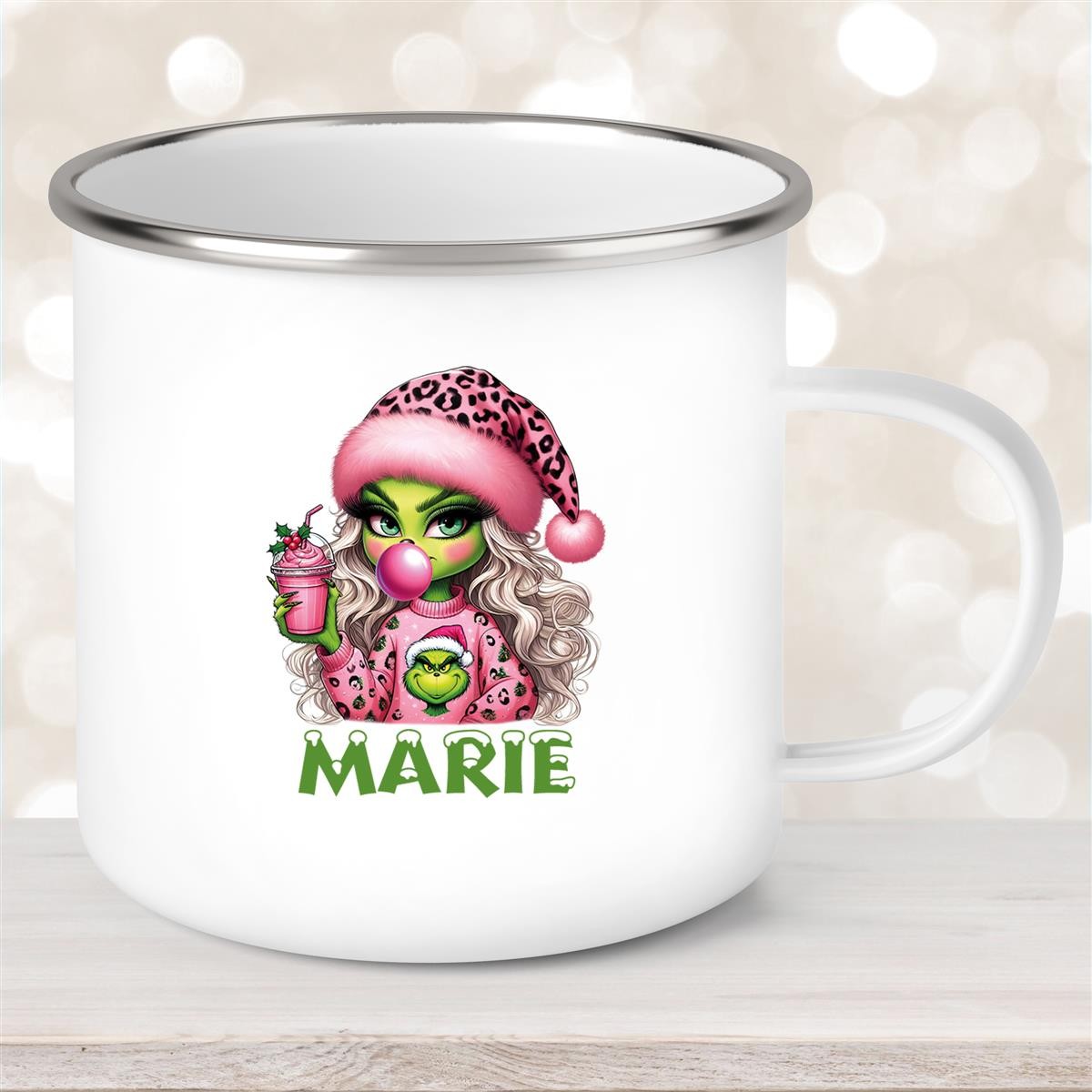 Tasse Wunschname Weihnachten Lady-Grinch #5 Emaille Kinderbecher