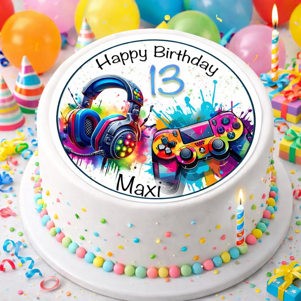 Tortenaufleger Geburtstag Gamer Controller, HeadSet Personalisiert 3 Name & Zahl (20cm) Fondant Papier