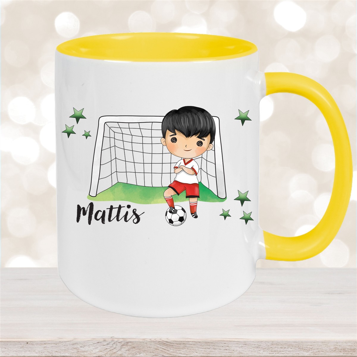 Tasse Fußball #2 Wunschname Keramik Kinderbecher personalisiert Gelb