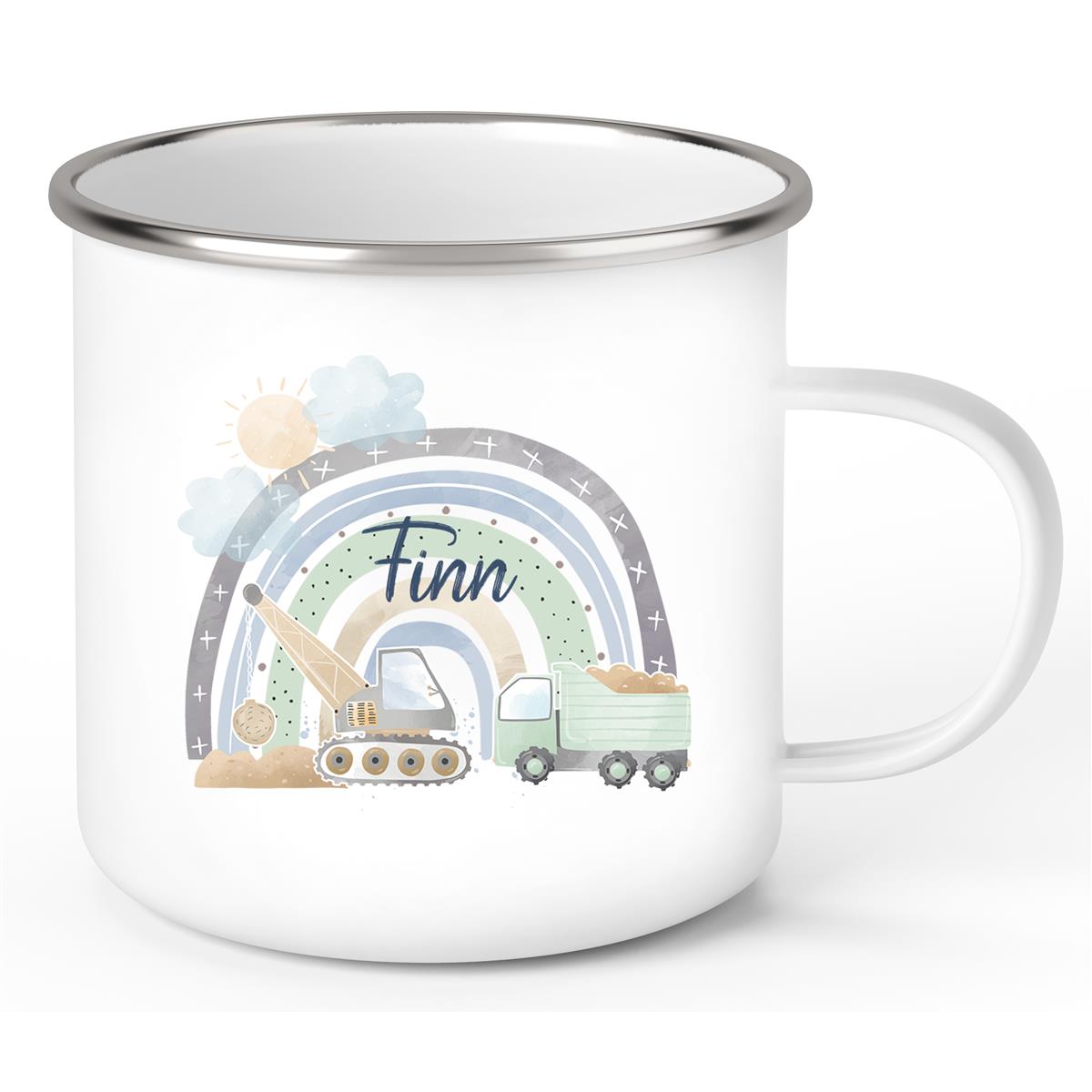 Tasse Wunschname Baustelle Regenbogen 1 Emaille Kinderbecher