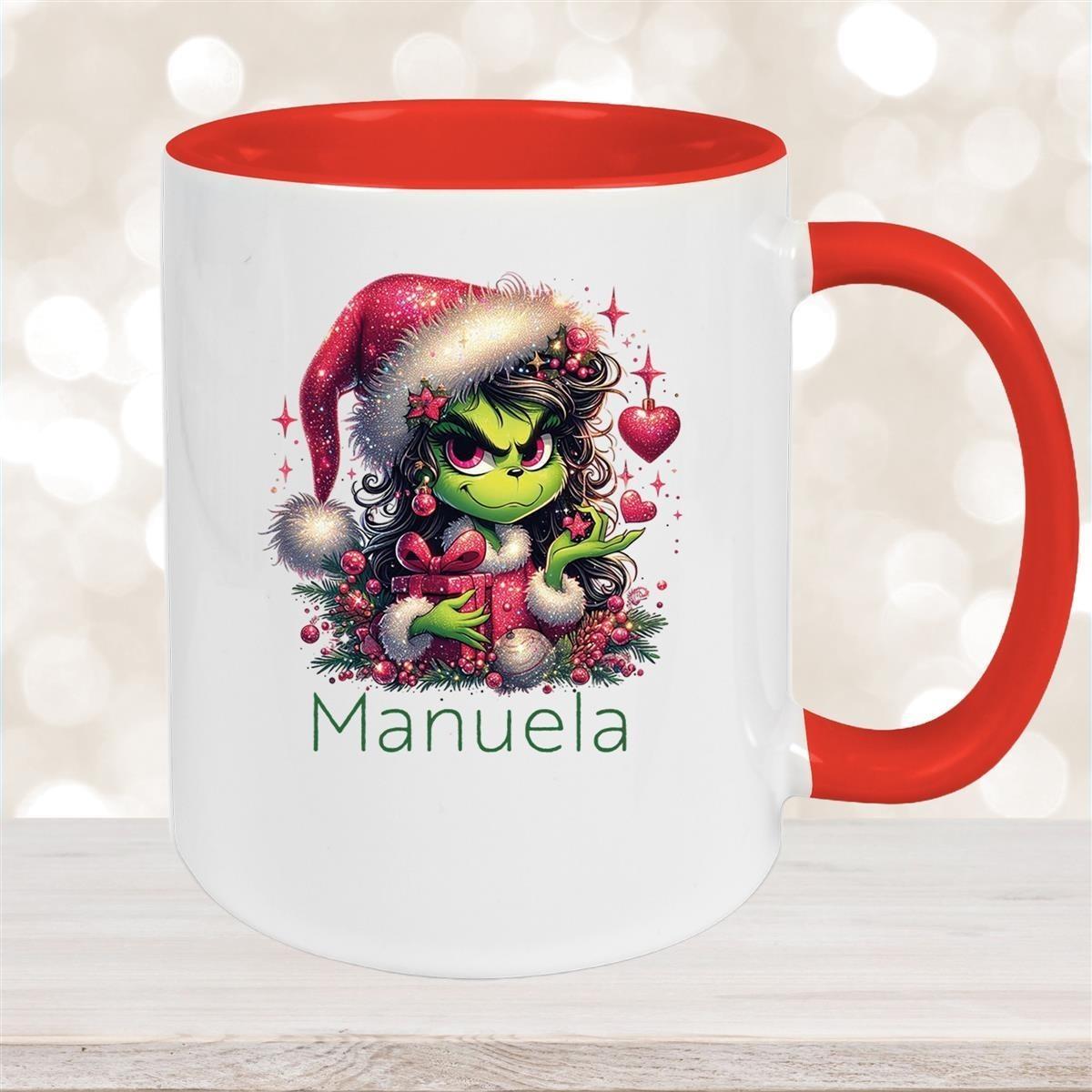Tasse Wunschname Weihnachten Lady-Grinch 2 Keramik Kinderbecher versch. Farben