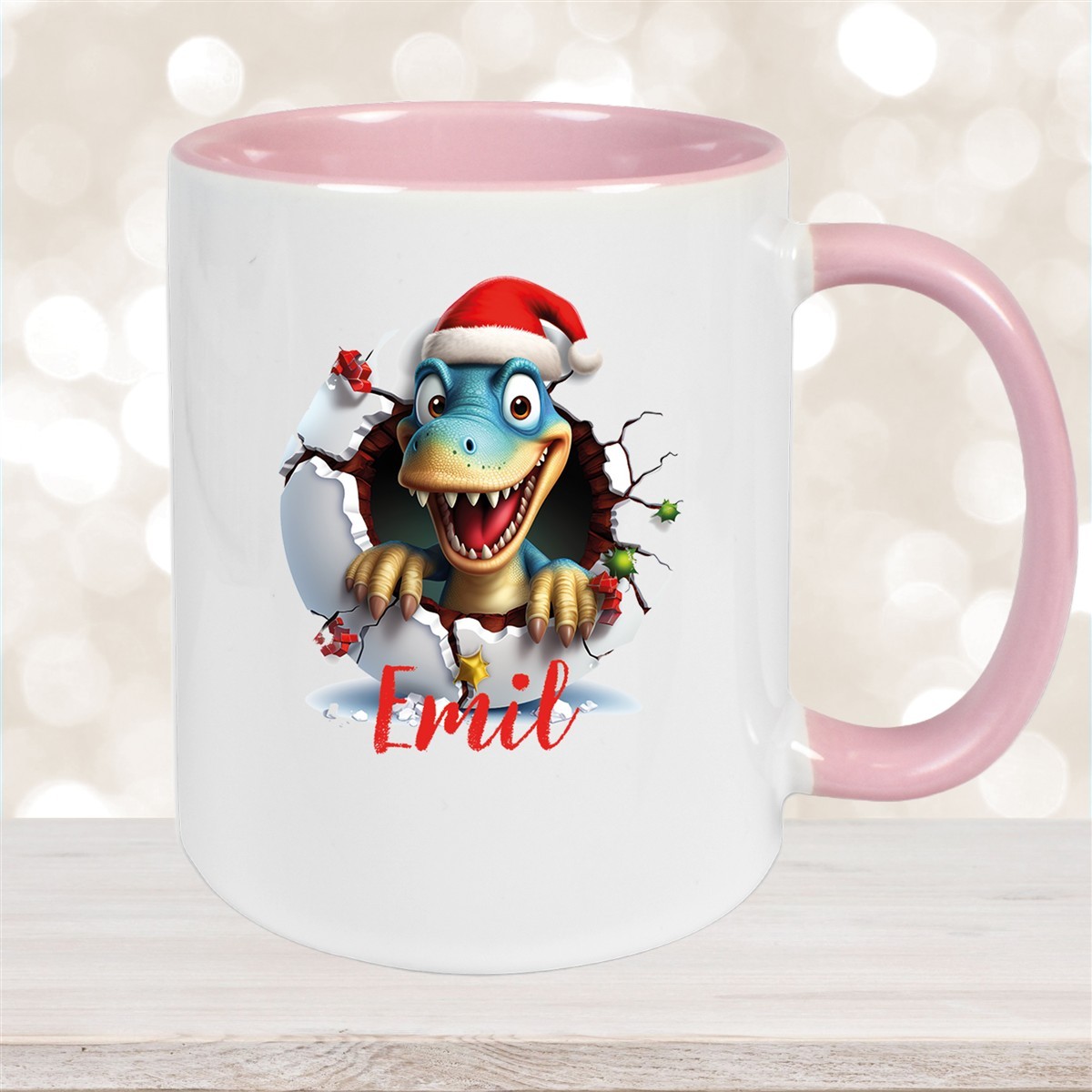 Tasse Wunschname Christmas Dino #2 Keramik Kinderbecher Altrosa
