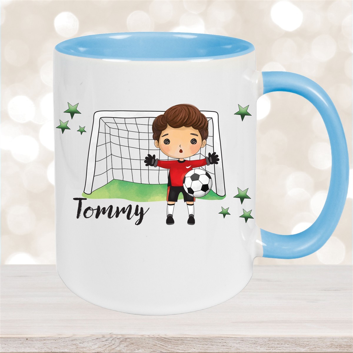 Tasse Fußball #3 Wunschname Keramik Kinderbecher personalisiert Hellblau