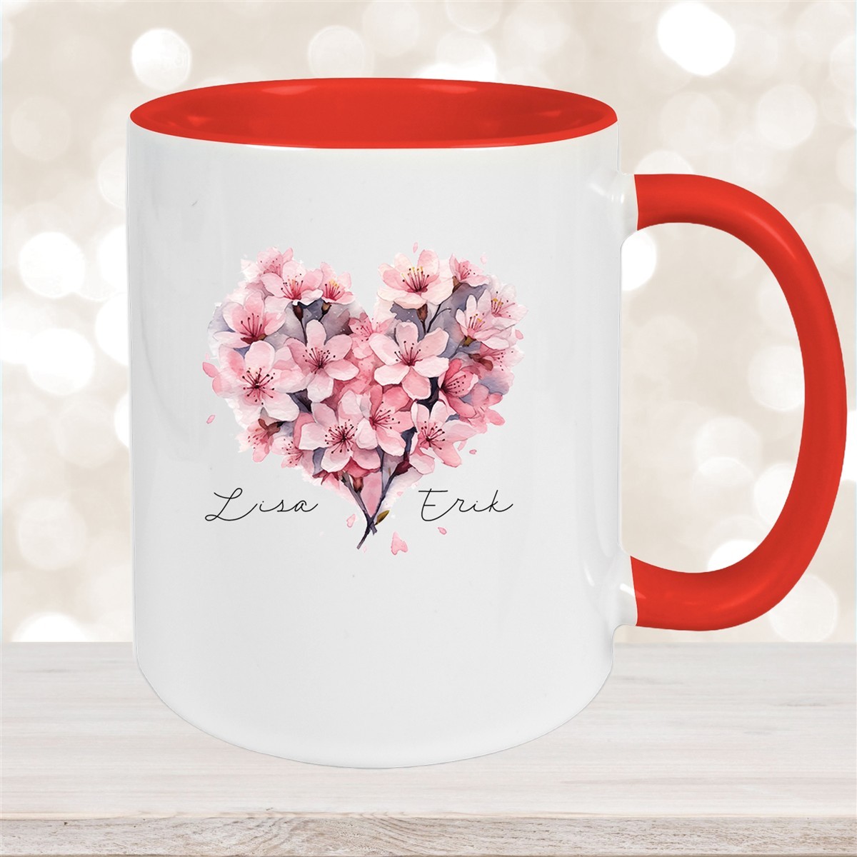 Tasse Liebe - Kirschblüten-Herz Valentinstag Wunschnamen Keramik personalisiert versch. Farben Rot