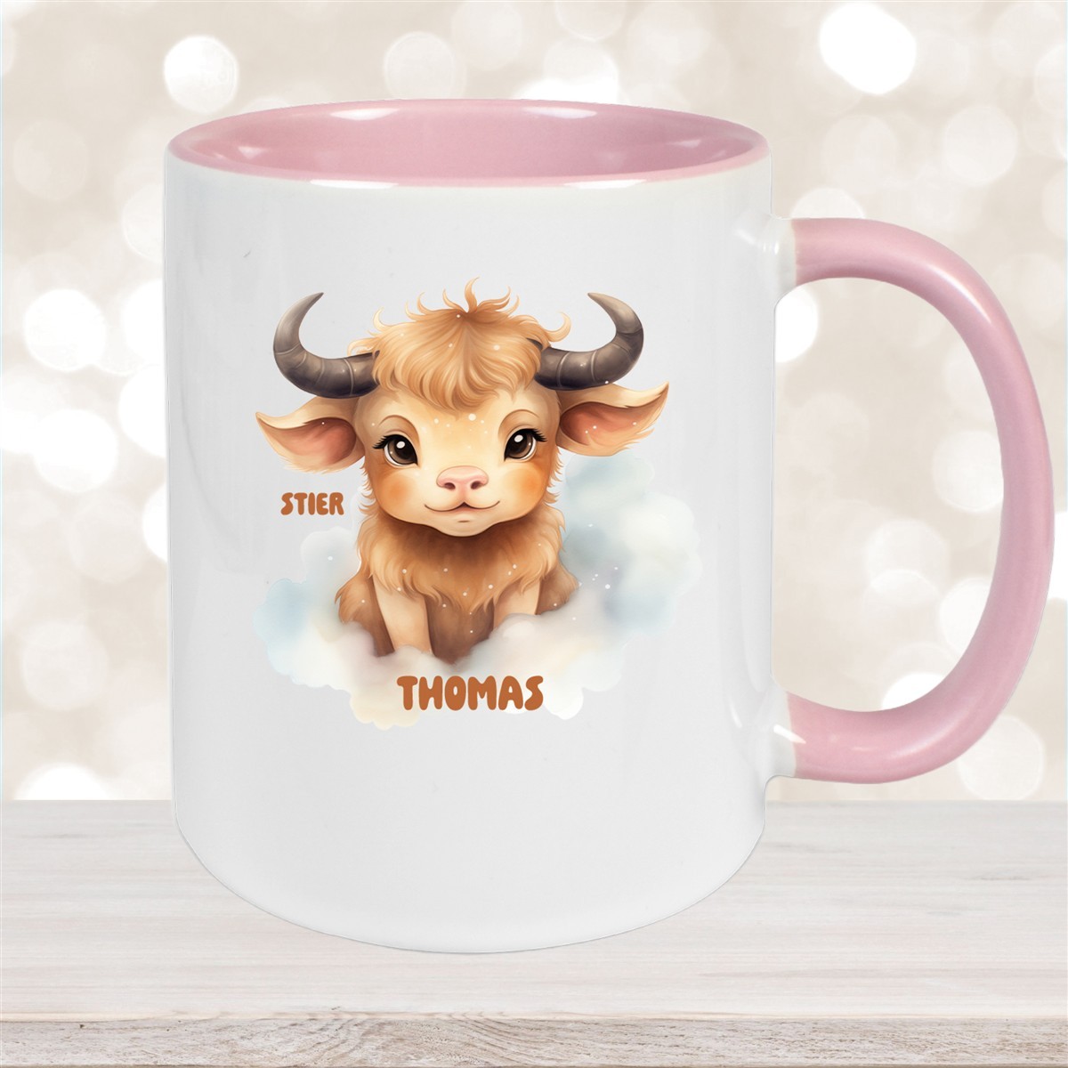 Tasse Sternzeichen Kinder Stier #1 Wunschname Keramik Kinderbecher personalisiert Altrosa