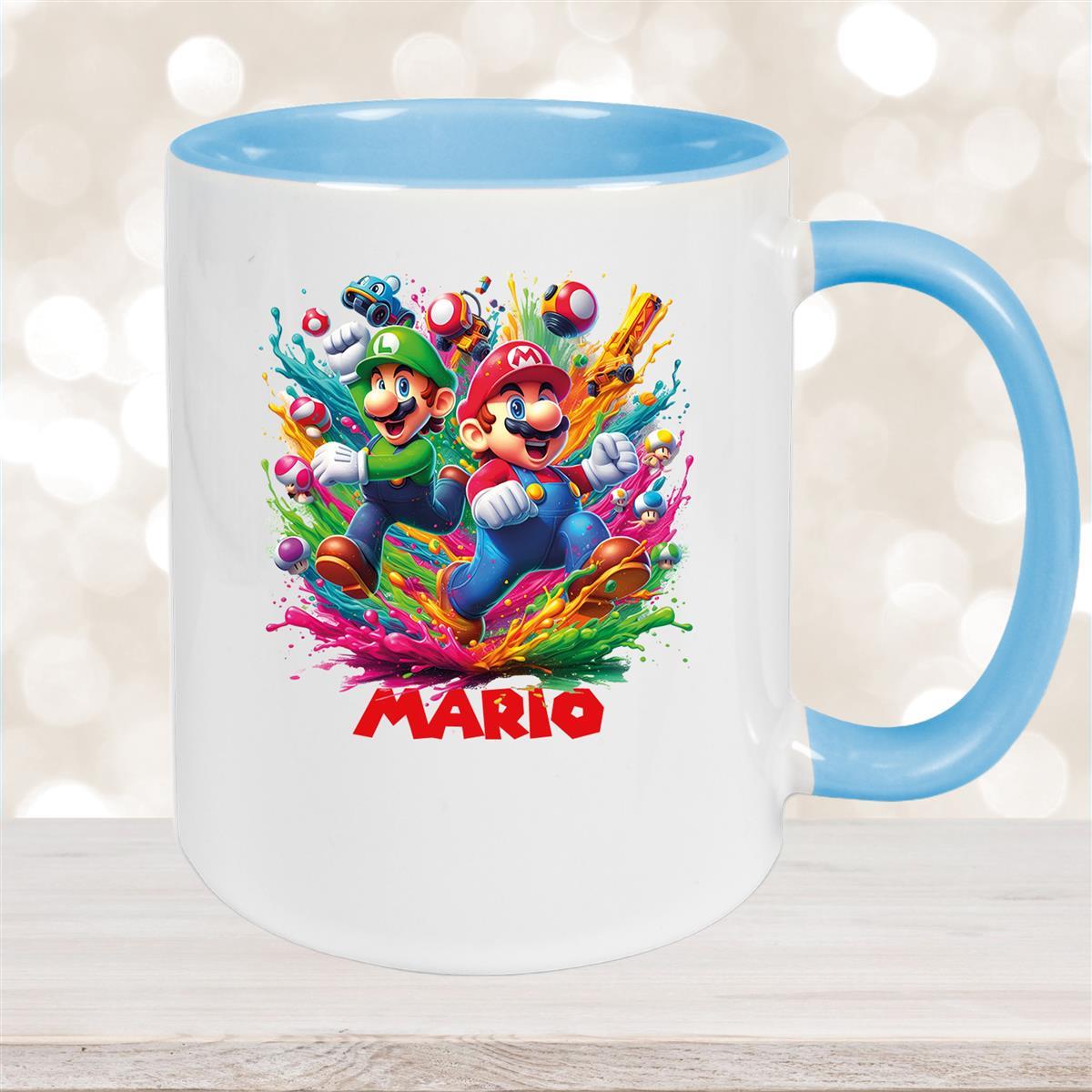 Tasse Wunschname Super-Mario #6 Keramik Kinderbecher personalisiert Hellblau
