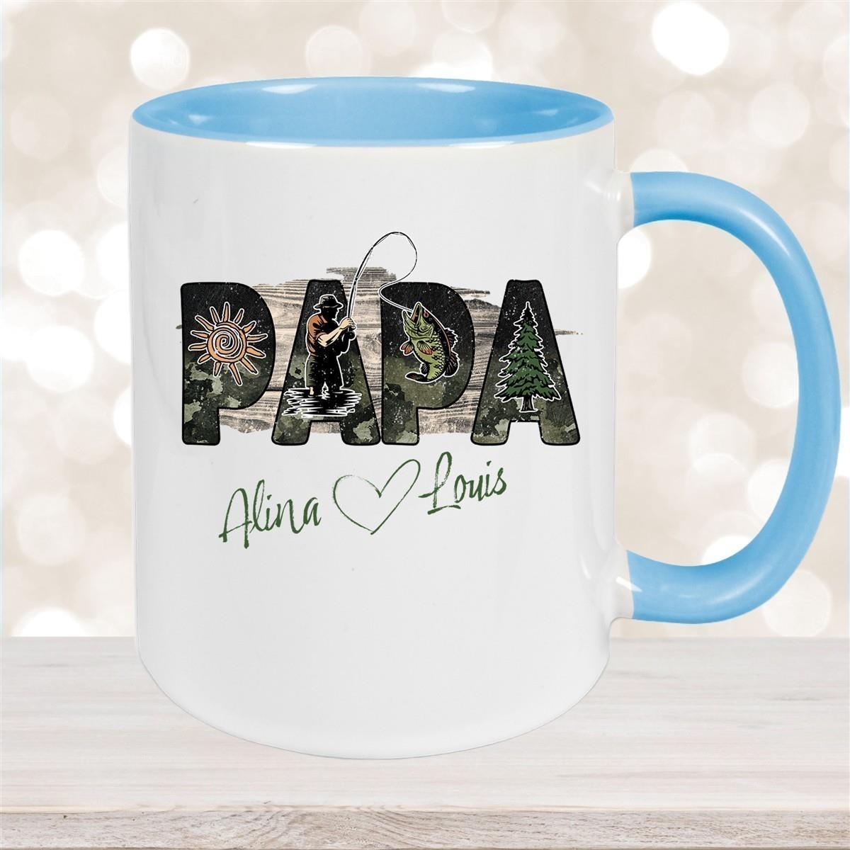 Tasse Vatertag 6 "Angler" Wunschnamen Keramik Personalisiert versch. Farben