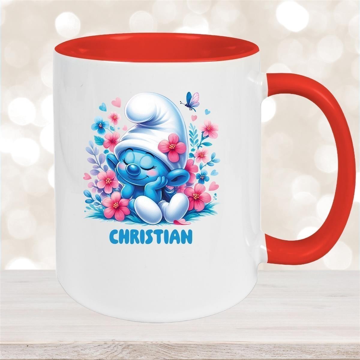 Tasse Kinder Schlumpf #1 mit Blumen Wunschname Keramik Kinderbecher personalisiert versch. Farben