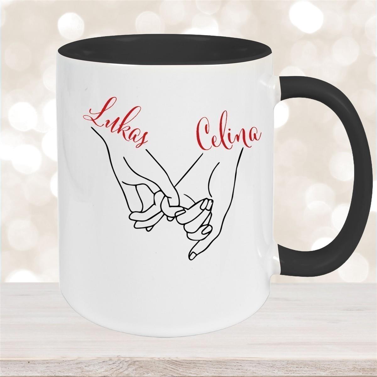 Tasse Hände Valentinstag 5 Wunschnamen Keramik personalisiert versch. Farben