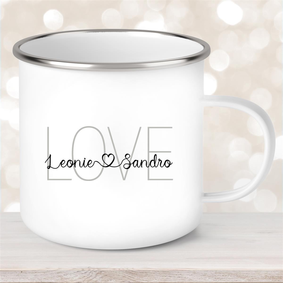 Tasse Liebe - Spruch "LOVE" Valentinstag Wunschnamen Emaille personalisiert