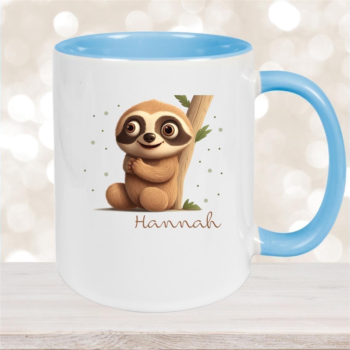 Tasse Wunschname Faultier-Baum Keramik Kinderbecher versch. Farben
