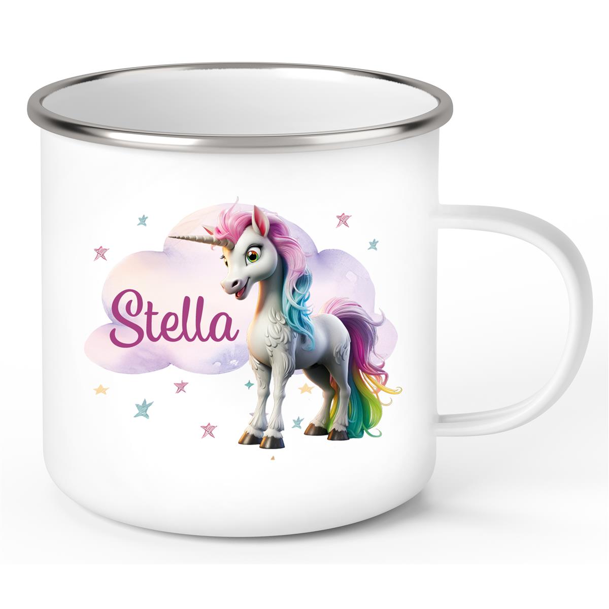 Tasse Einhorn Wolke 4 Wunschname Emaille Kinderbecher personalisiert