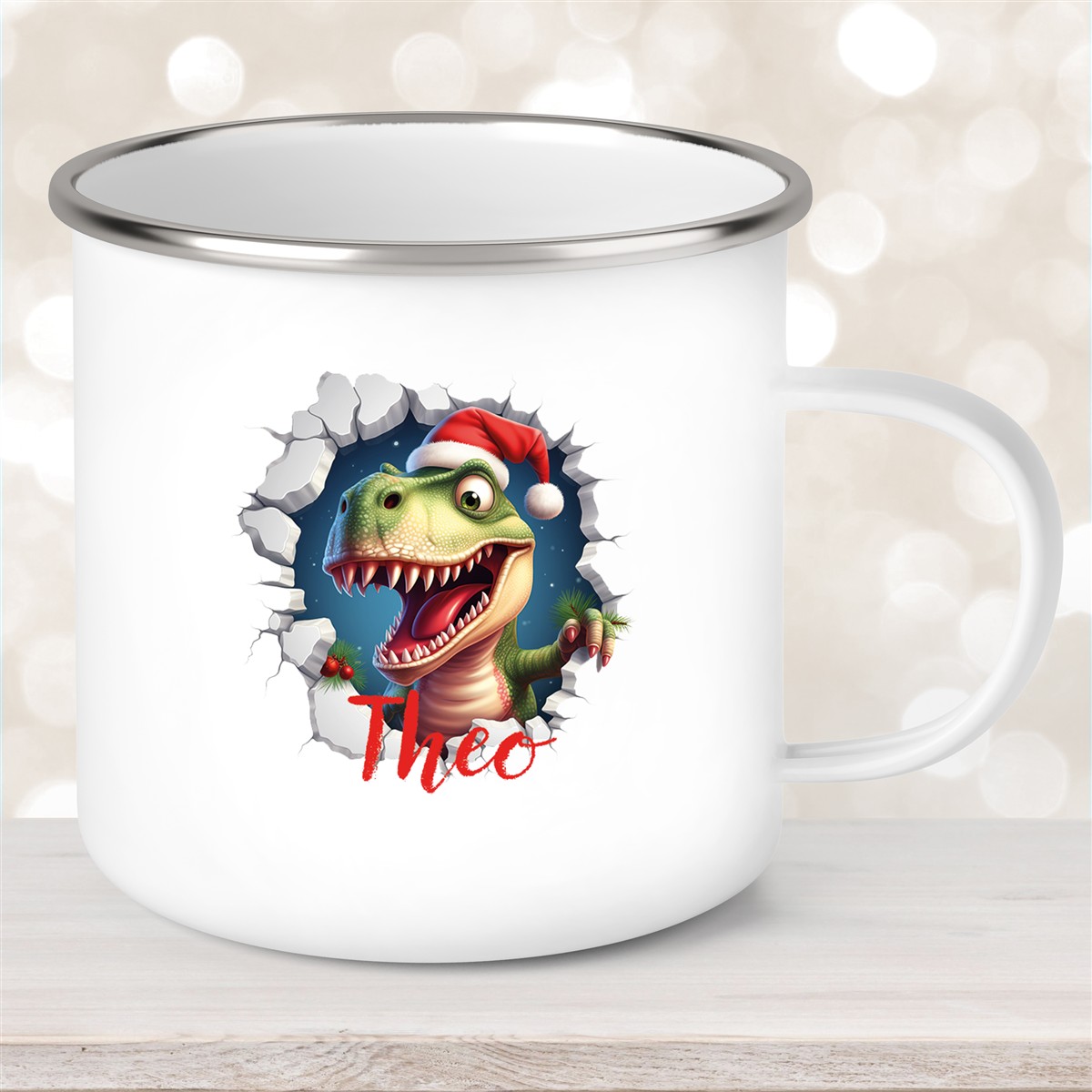 Tasse Wunschname Christmas Dino #1 Emaille Kinderbecher
