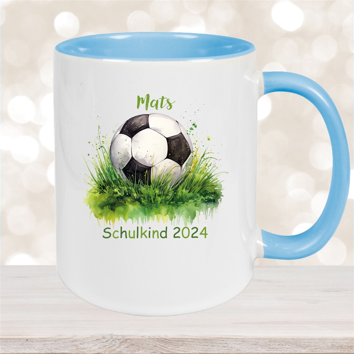 Tasse Schulkind #12 Wunschname Fußball#1 Keramik Kinderbecher Personalisiert Hellblau