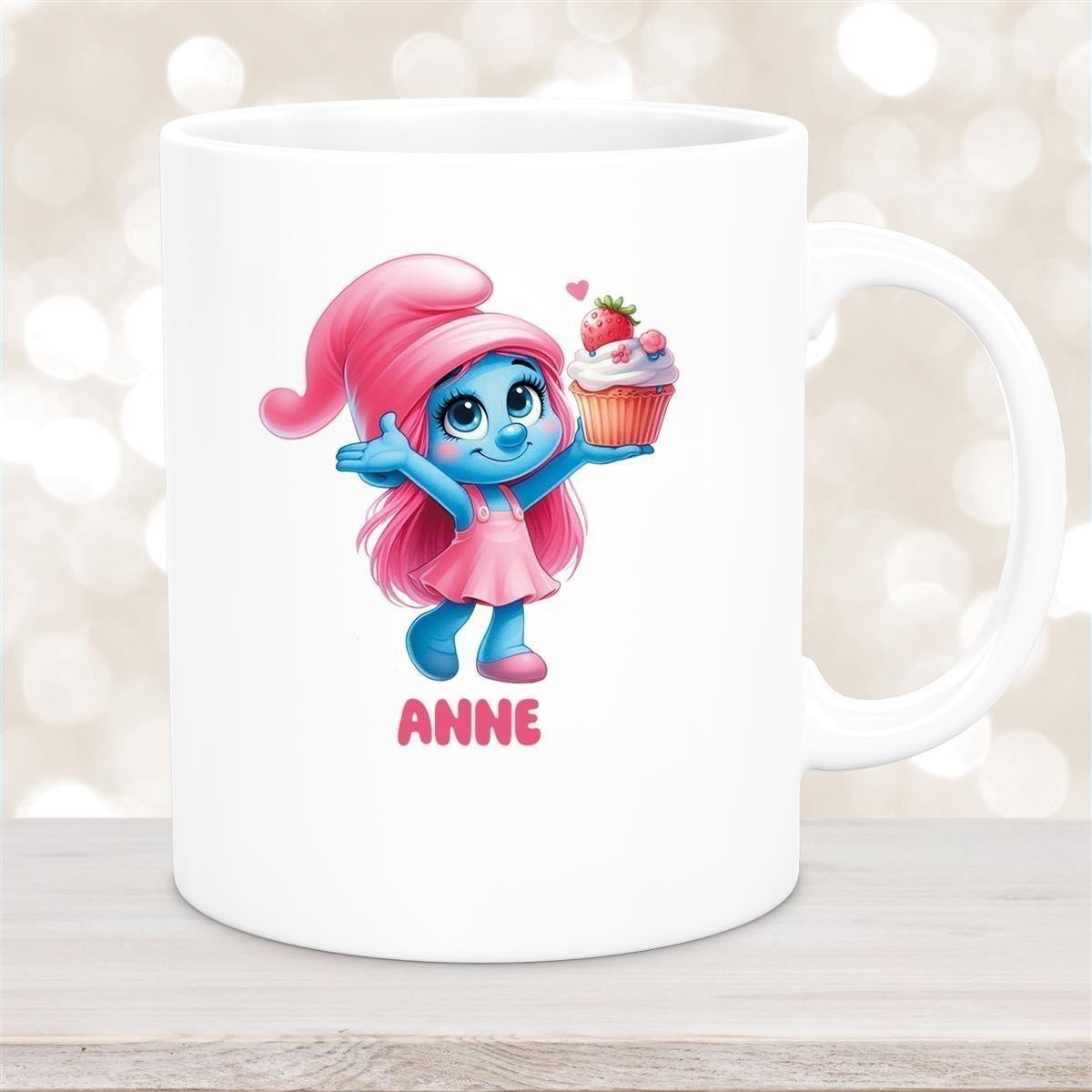 Tasse Kinder Schlumpf #2 mit Muffin Wunschname Keramik Kinderbecher personalisiert Weiß Tasse Kinder Schlumpf #2 mit Muffin Wunschname Keramik Kinderbecher personalisiert versch. Farben