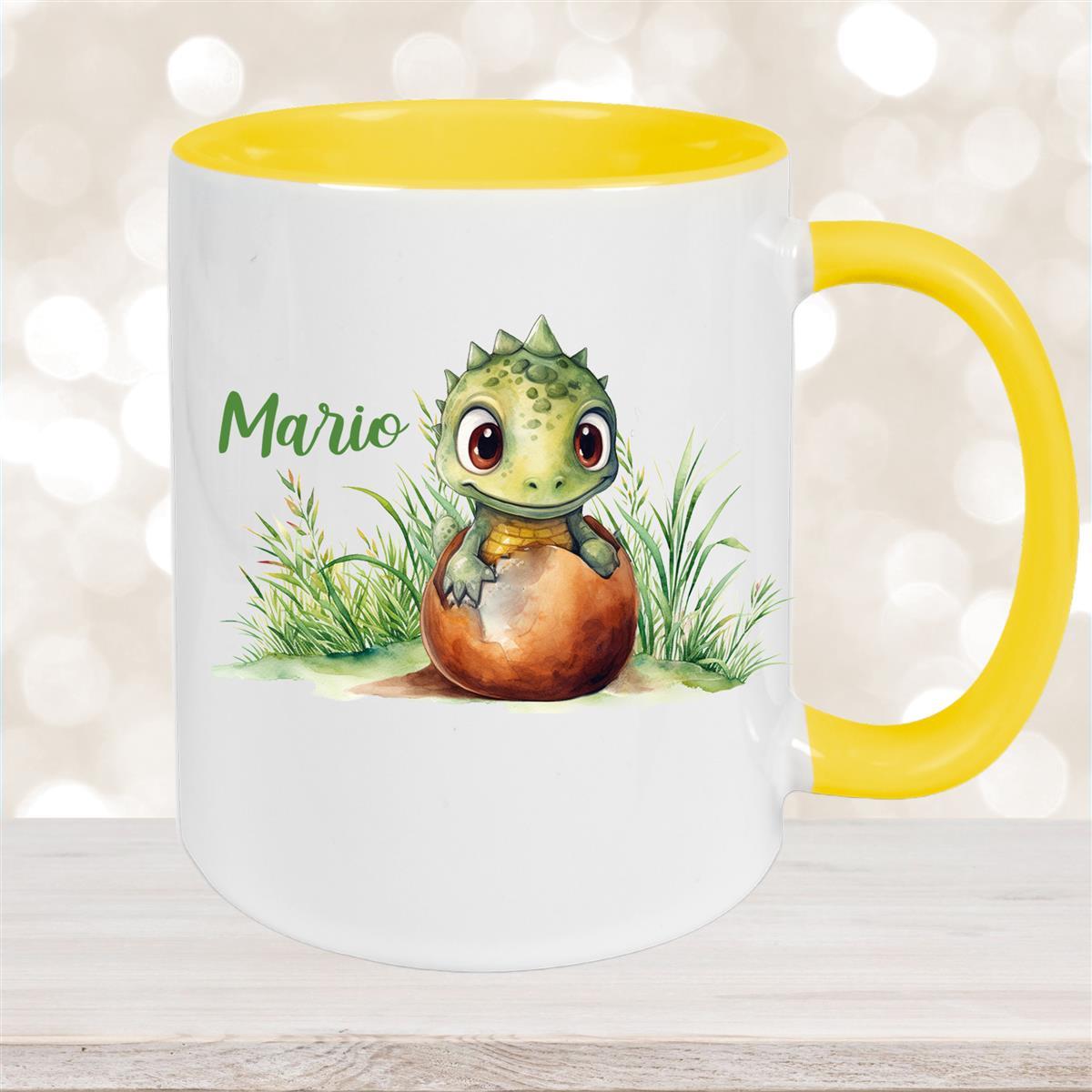 Tasse Dino #7 Wunschname Keramik Kinderbecher Personalisiert Gelb