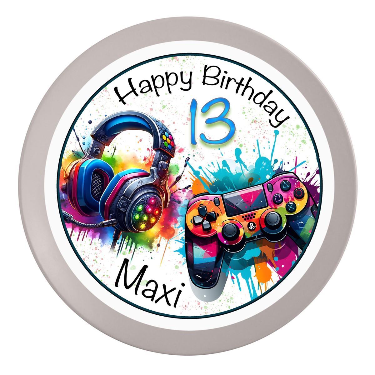 Tortenaufleger Geburtstag Gamer Controller, HeadSet Personalisiert 3 Name & Zahl (20cm) Fondant Papier