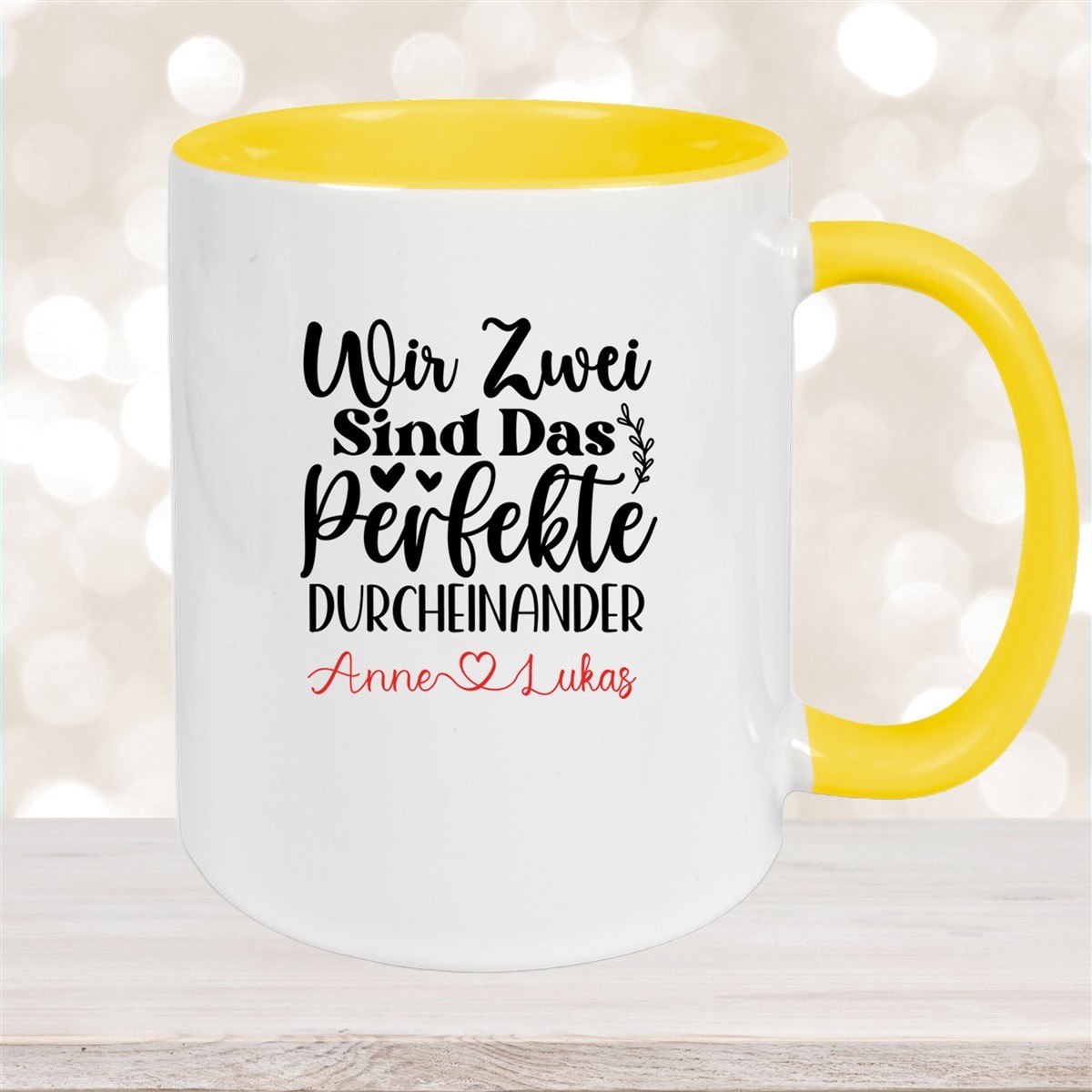Tasse Liebe - "Wir Zwei sind das perfekte Durcheinander" Valentinstag Wunschnamen Keramik personalisiert versch. Farben Gelb