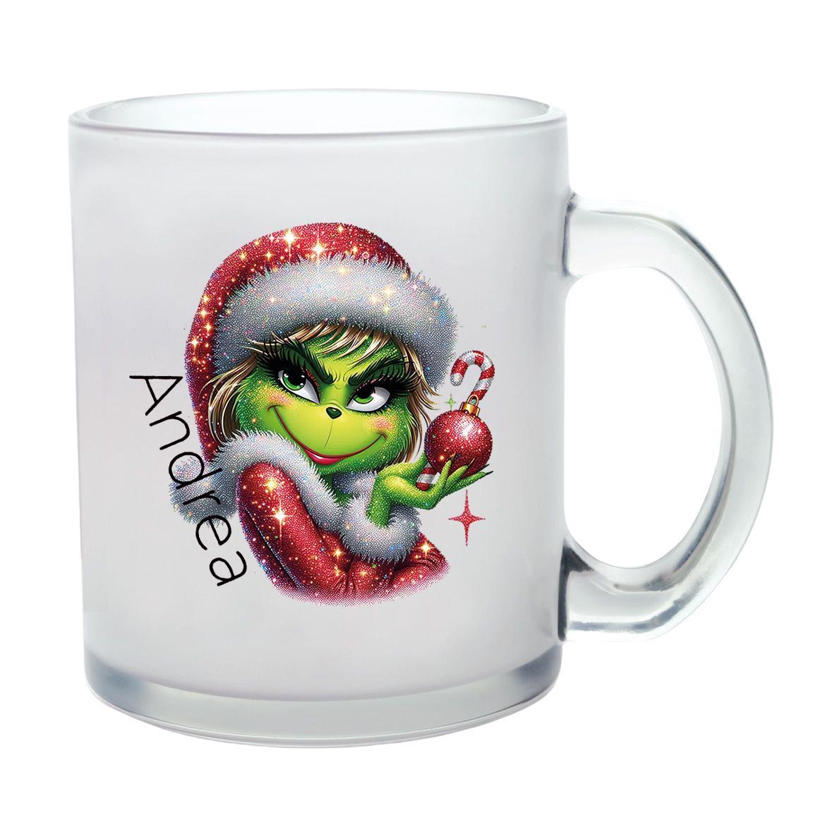 Milchglastasse Wunschname Weihnachten Lady-Grinch 3 Glas Kinderbecher SONDEREDITION