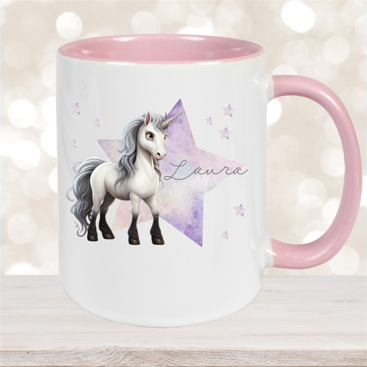 Tasse Wunschname Einhorn Stern #1 Keramik Kinderbecher Altrosa