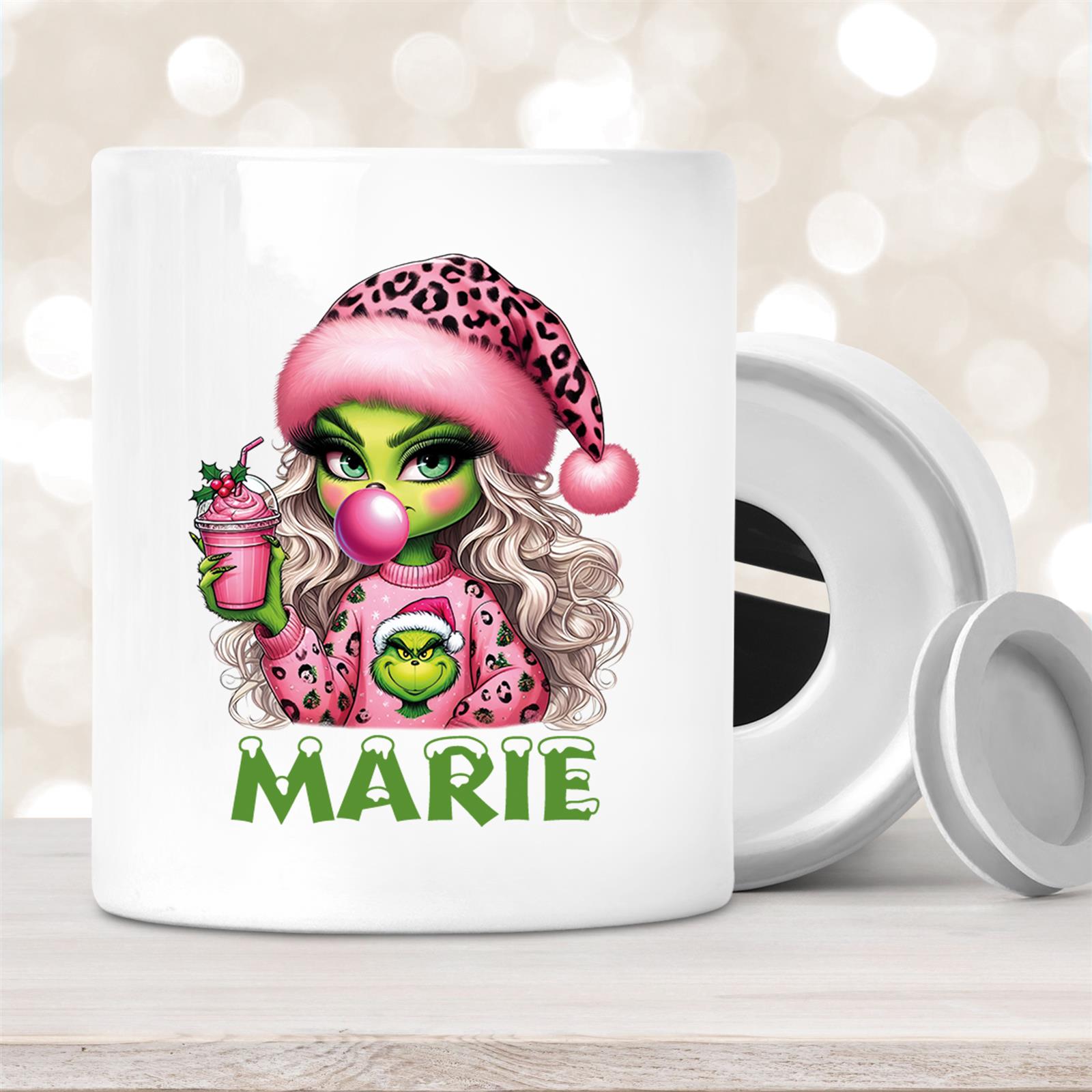 Spardose mit Wunschname Weihnachten Lady-Grinch #5 personalisiert
