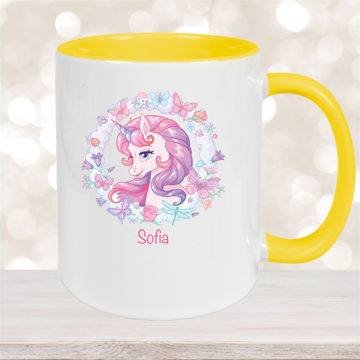 Tasse Wunschname Einhorn #1 Keramik Kinderbecher personalisiert Gelb