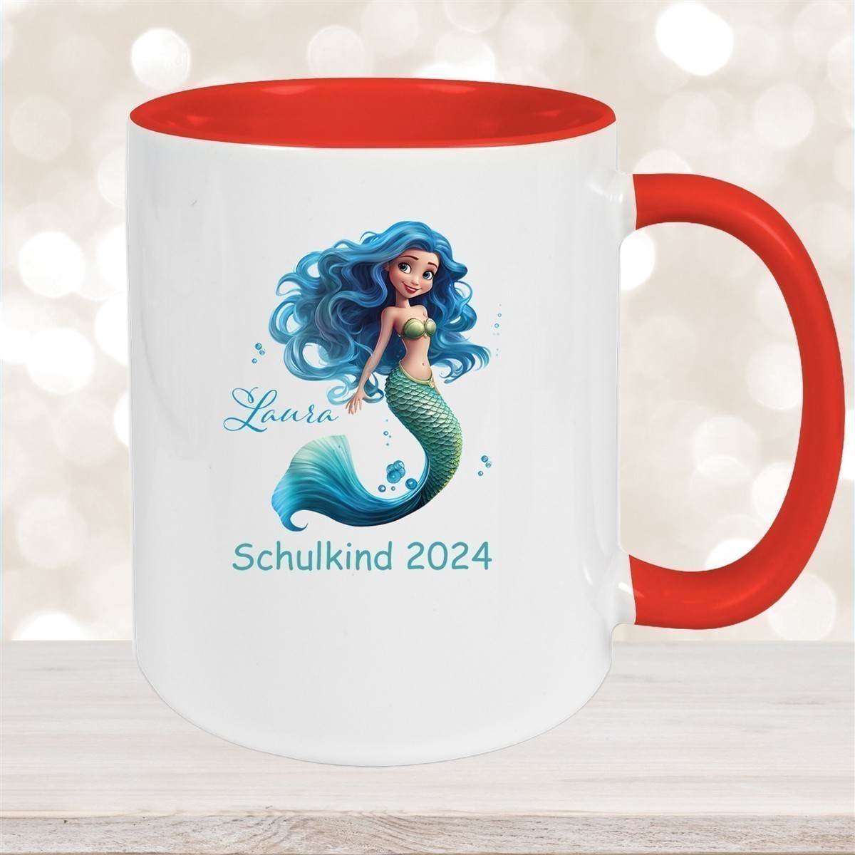 Tasse Schulkind #10 Wunschname Meerjungfrau #1 Keramik Kinderbecher Personalisiert versch. Farben