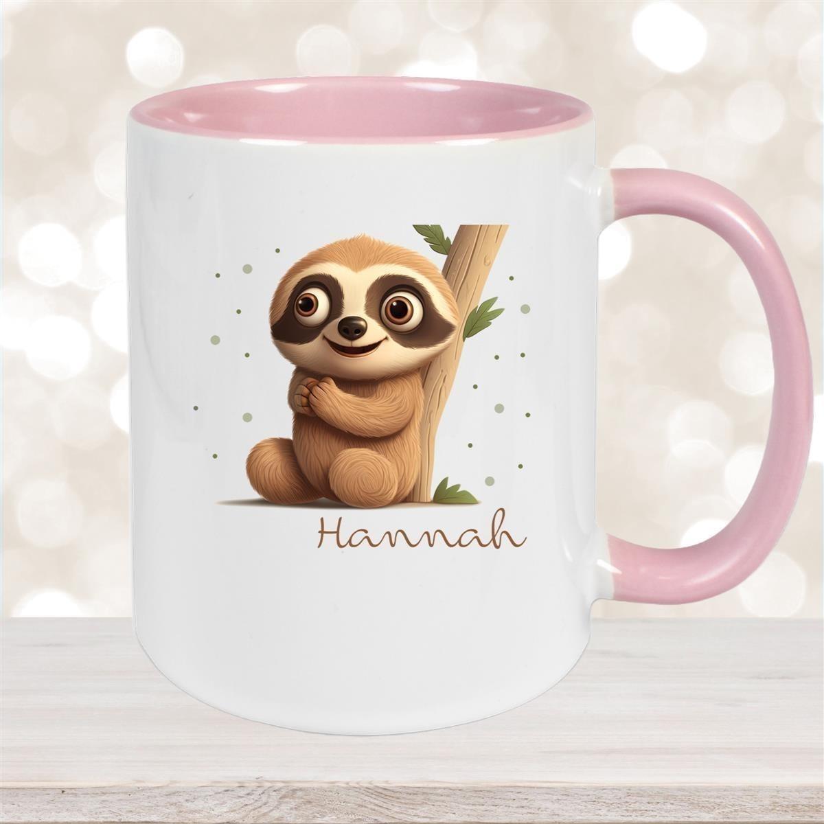 Tasse Wunschname Faultier-Baum Keramik Kinderbecher versch. Farben