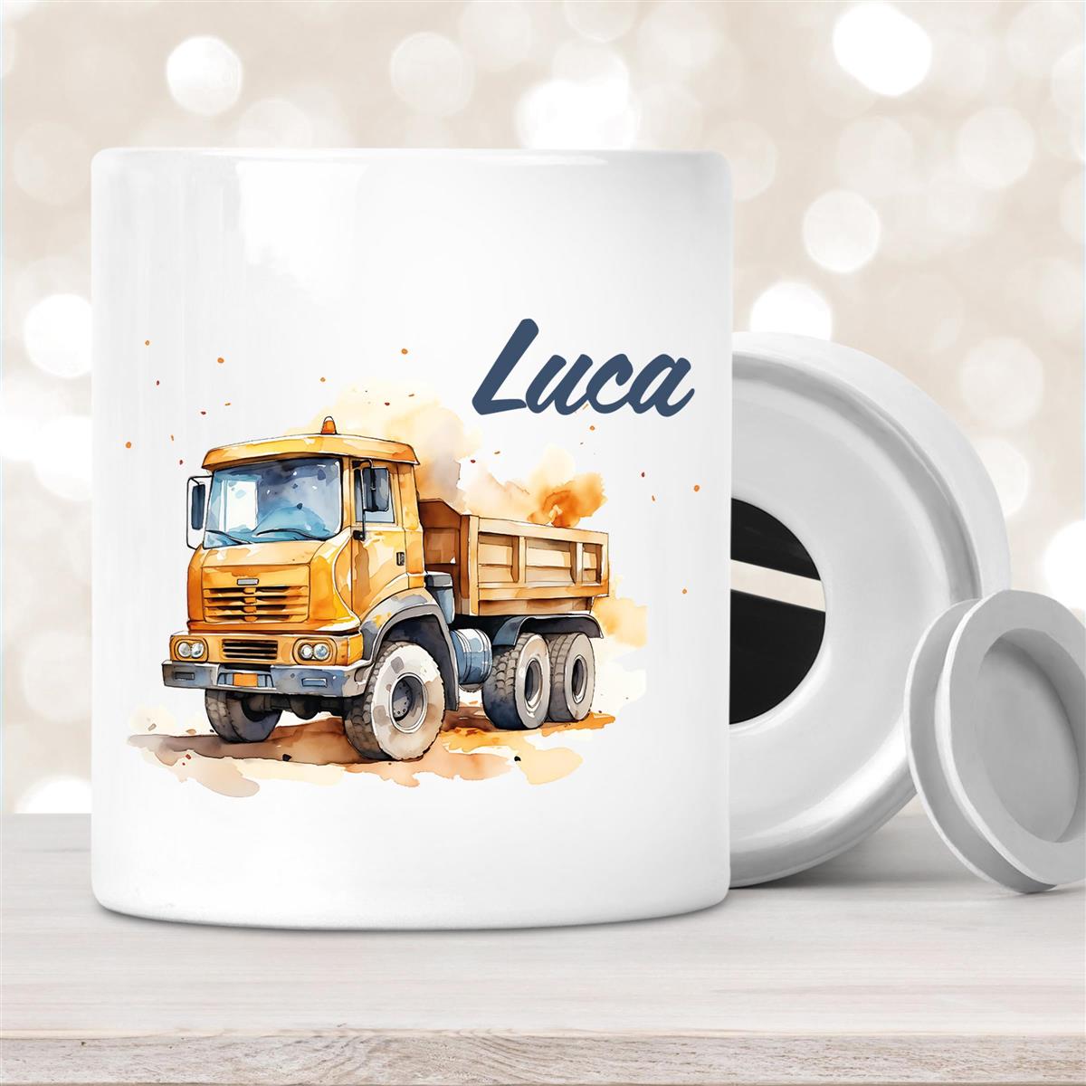 Spardose mit Wunschname Baustelle Kipper #1 personalisiert
