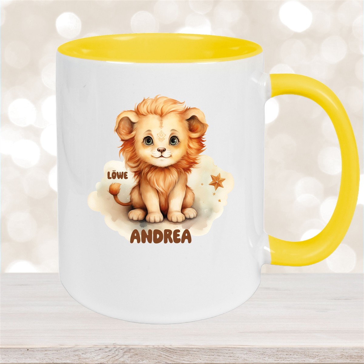 Tasse Sternzeichen Kinder Löwe #1 Wunschname Keramik Kinderbecher personalisiert Gelb